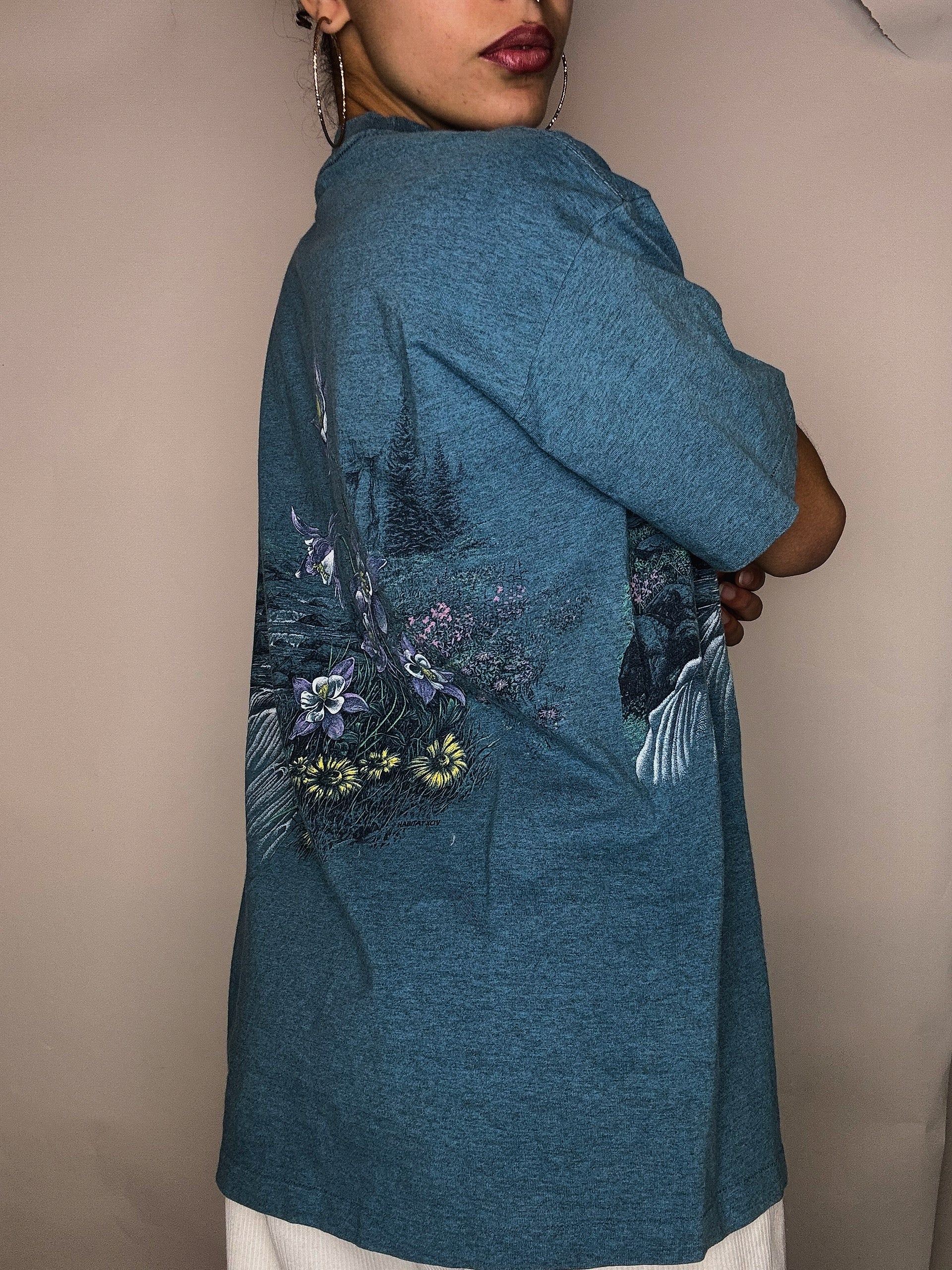 Tshirt bleu canard kitch avec broderie M/L vintage