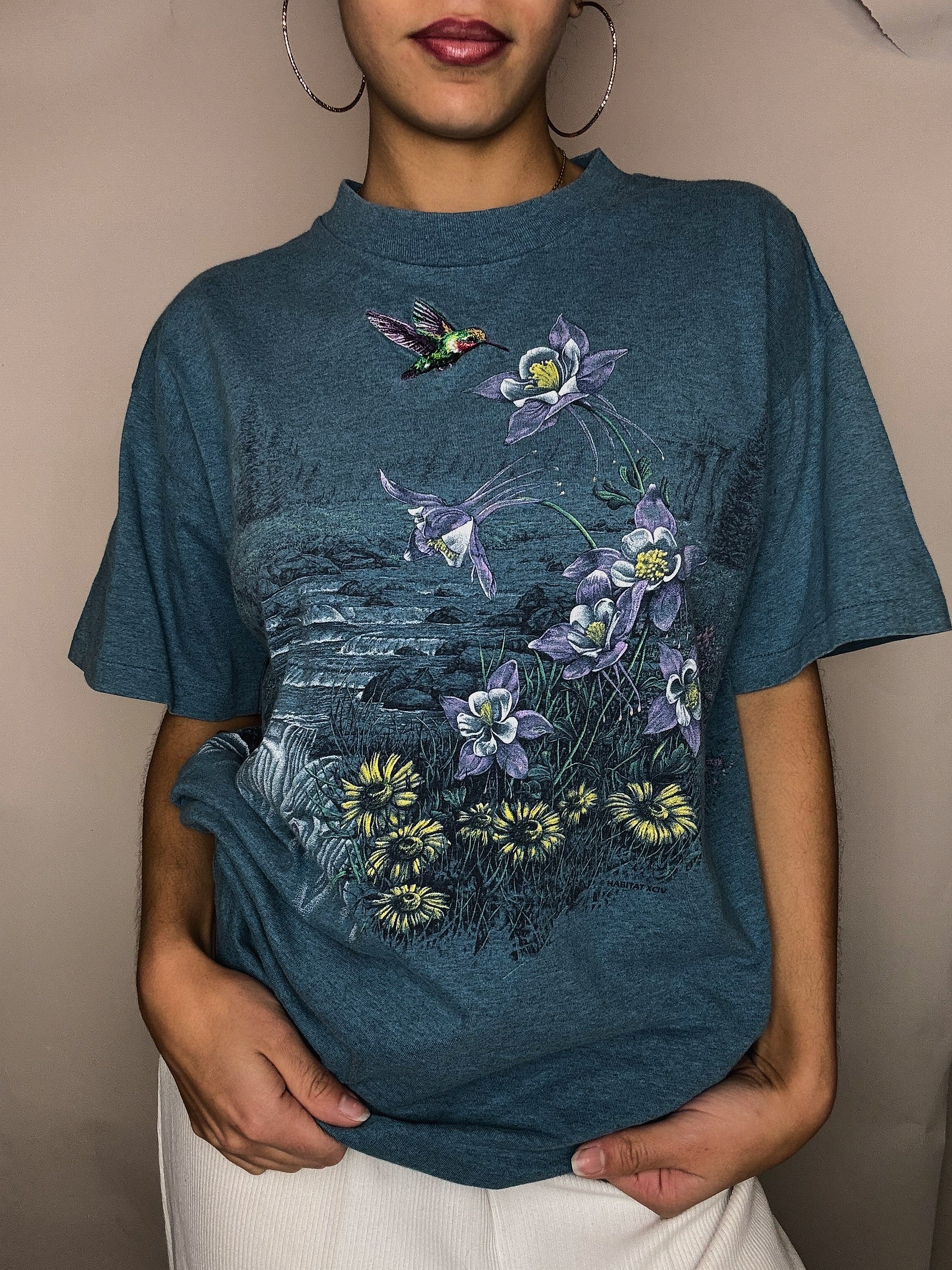 Tshirt bleu canard kitch avec broderie M/L vintage