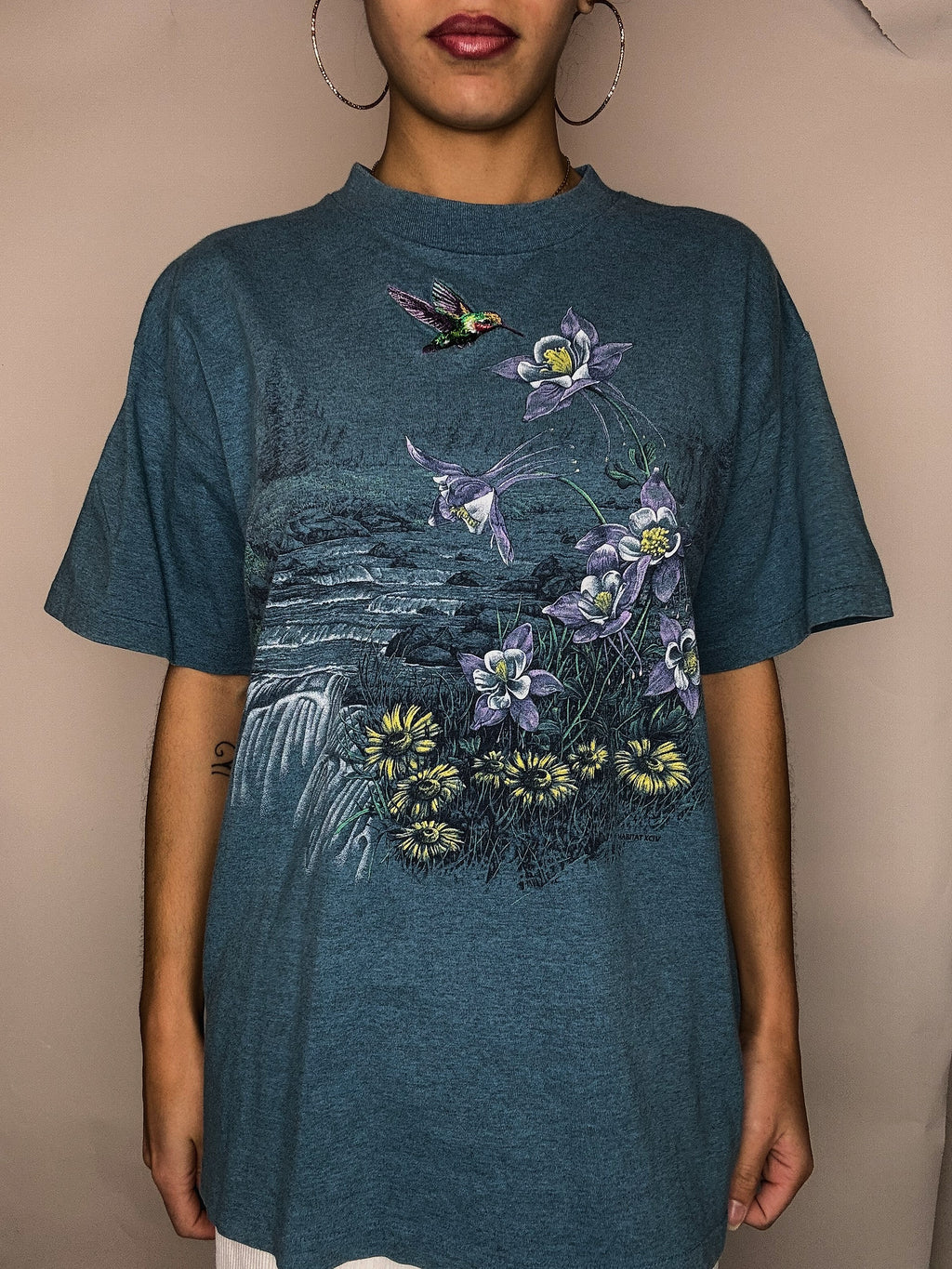 Tshirt bleu canard kitch avec broderie M/L vintage