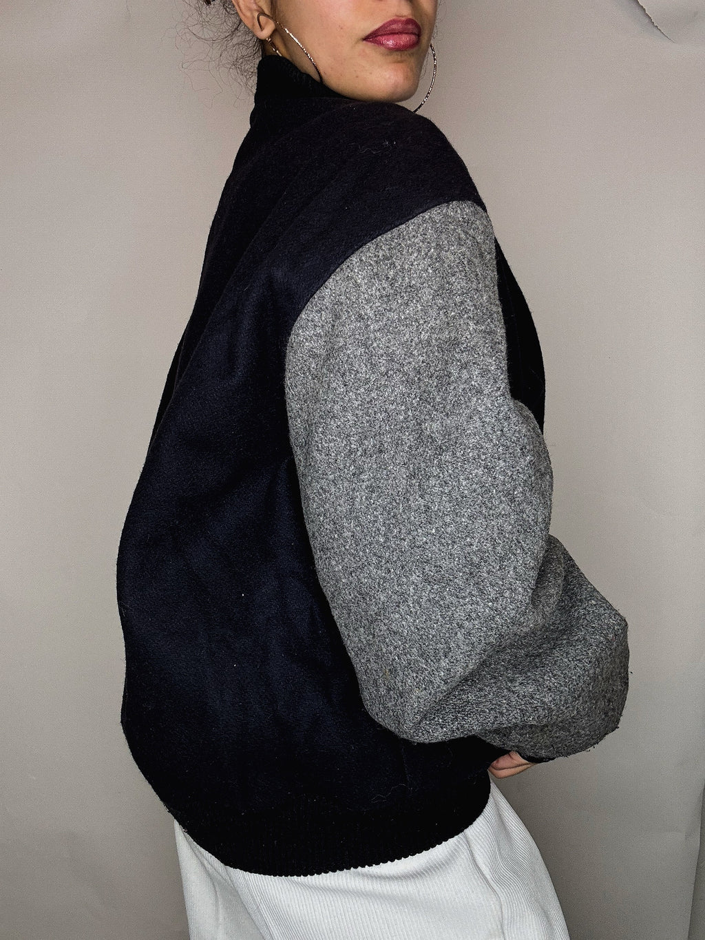 Bomber en laine marine et gris XL vintage