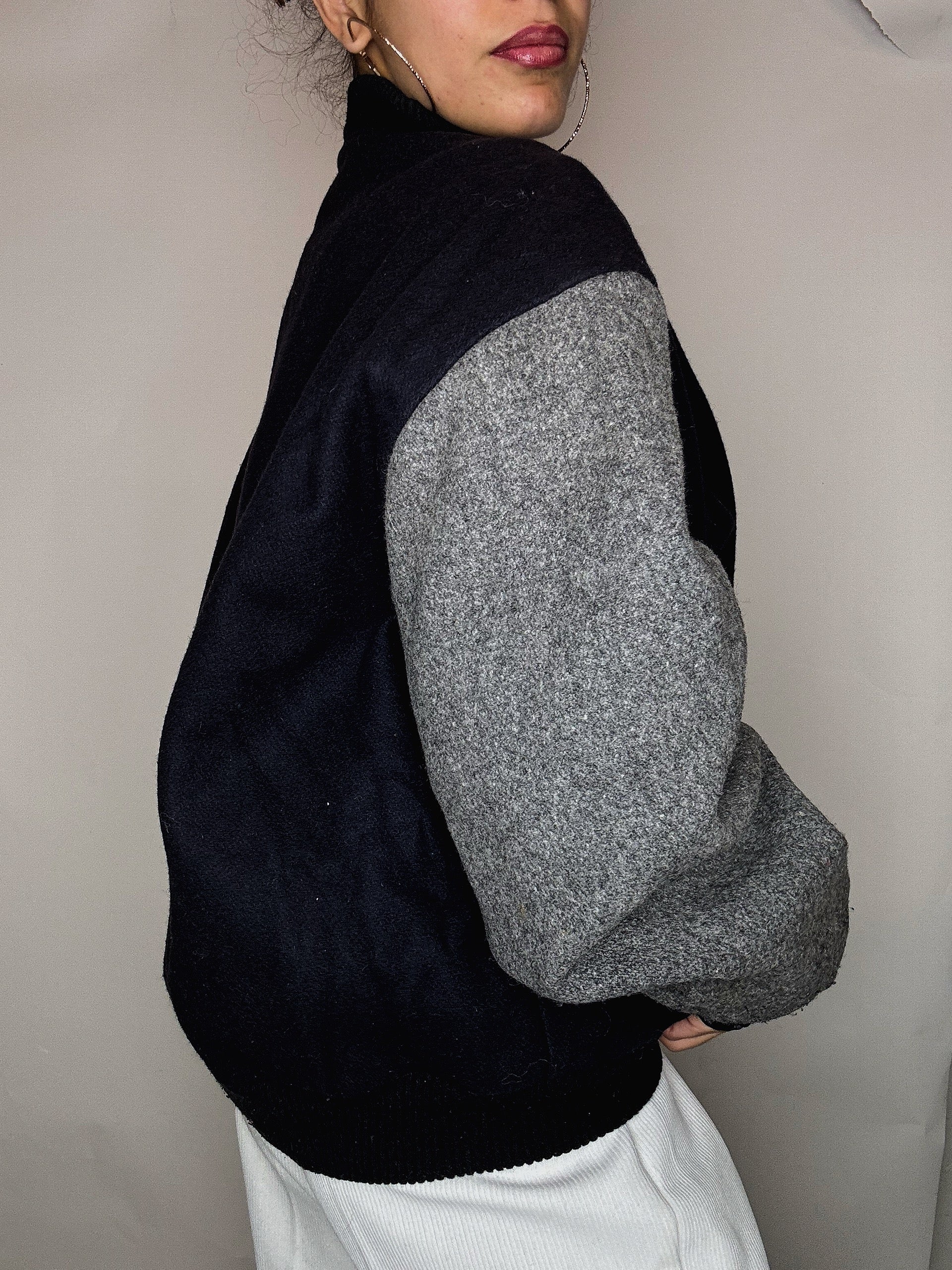 Bomber en laine marine et gris XL vintage