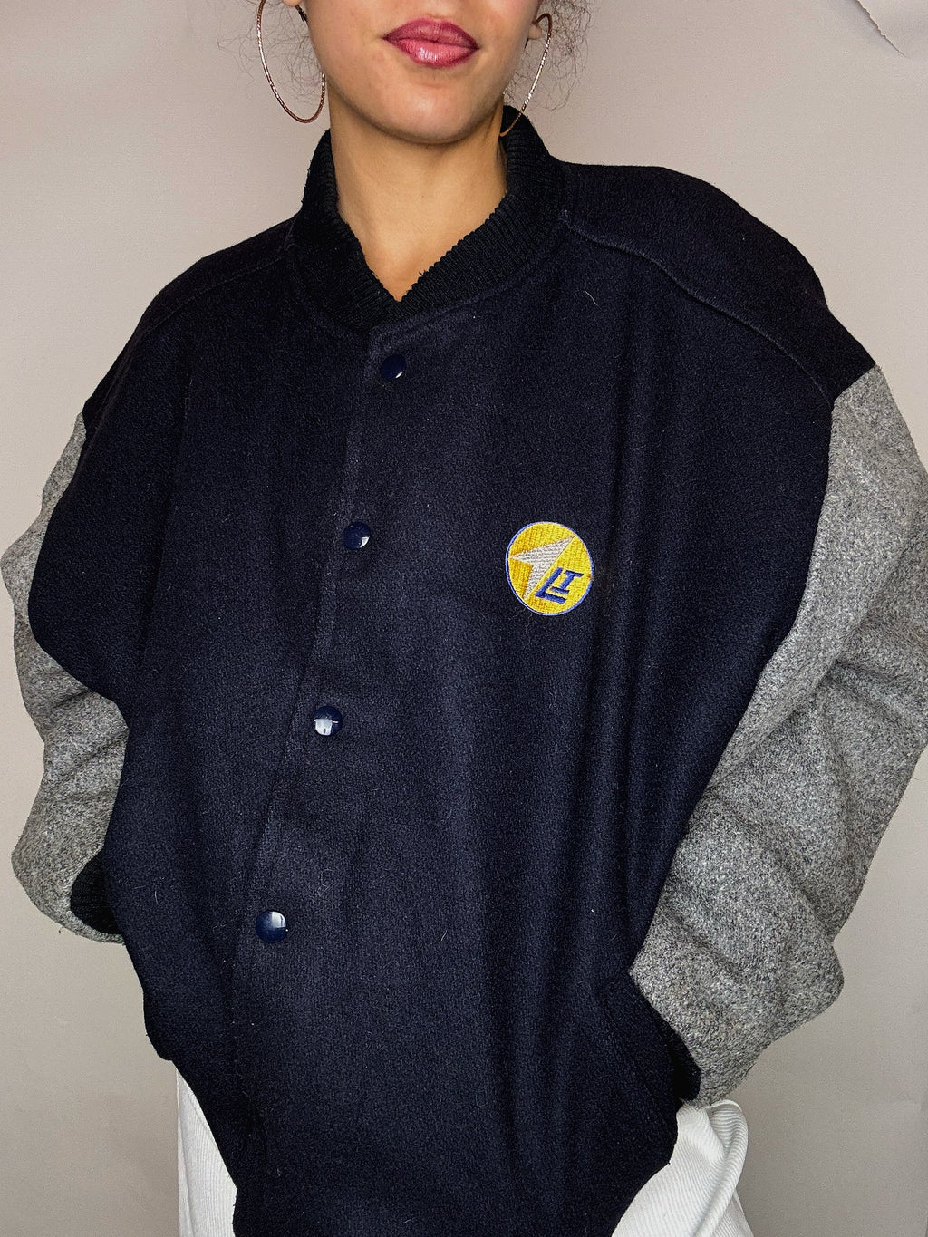 Bomber en laine marine et gris XL vintage