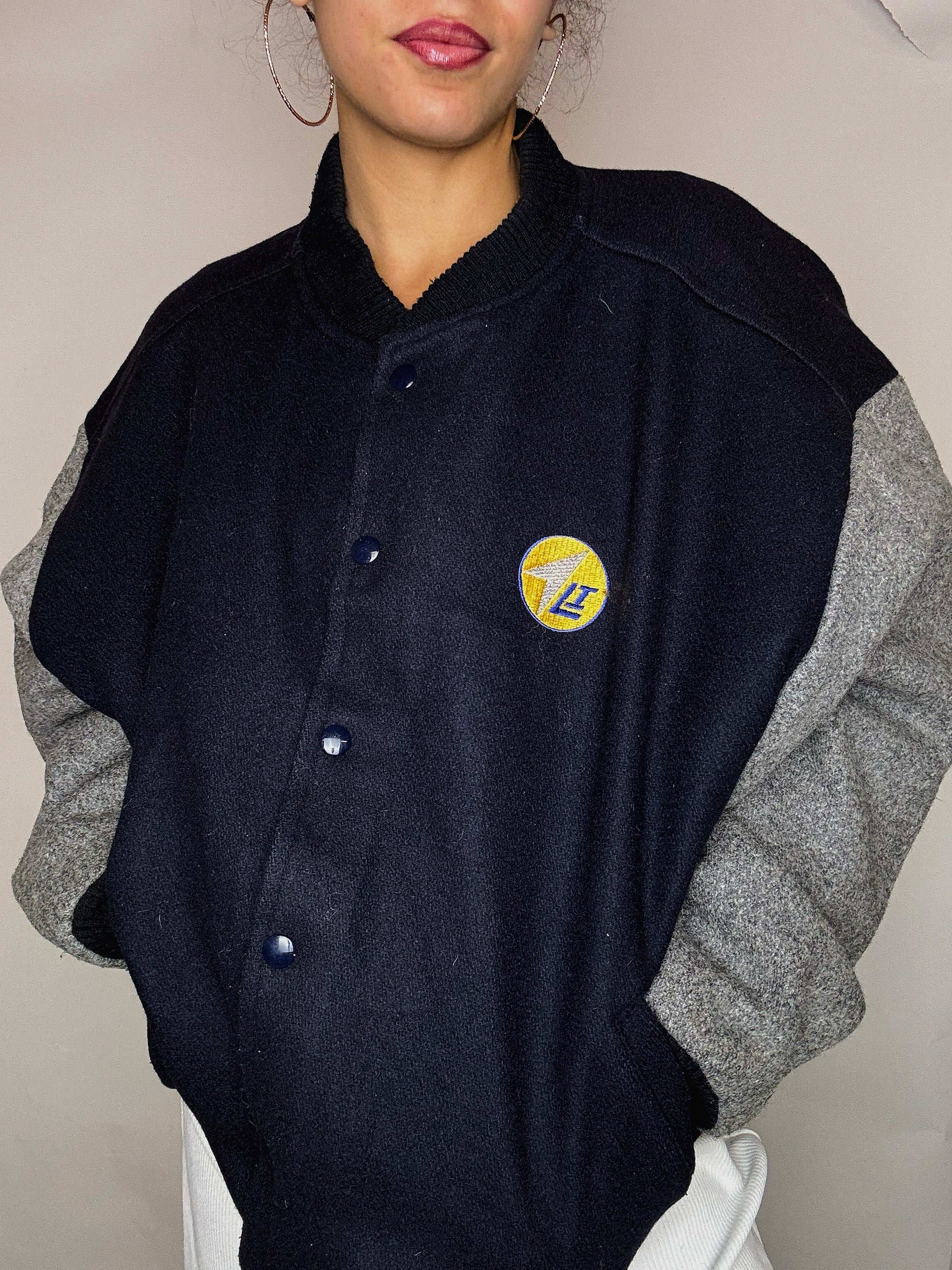 Bomber en laine marine et gris XL vintage