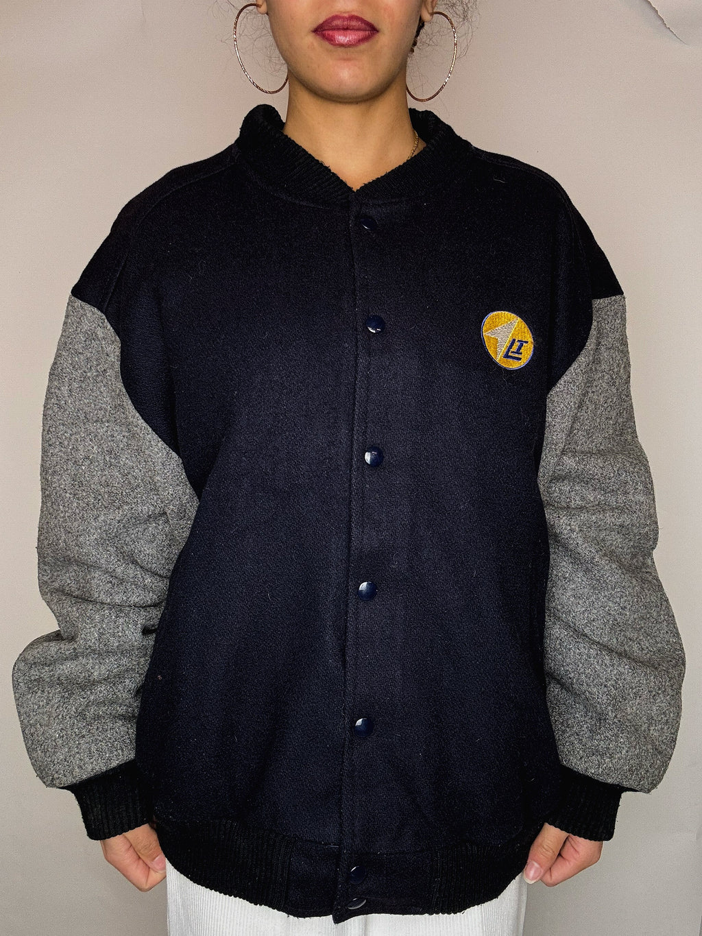 Bomber en laine marine et gris XL vintage