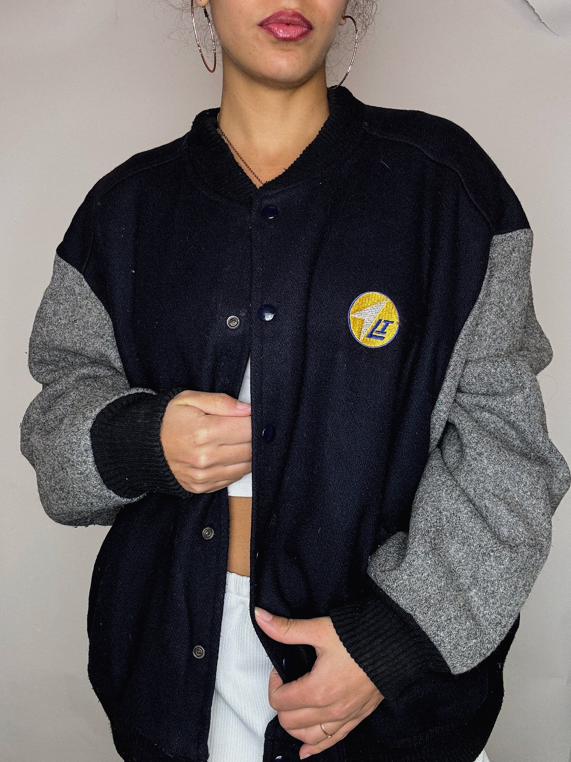 Bomber en laine marine et gris XL vintage