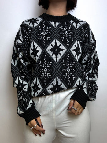 Pull noir et blanc en maille vintage M