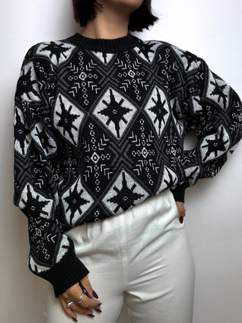 Pull noir et blanc en maille vintage M