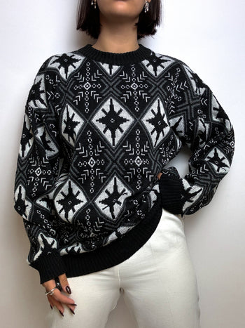 Pull noir et blanc en maille vintage M