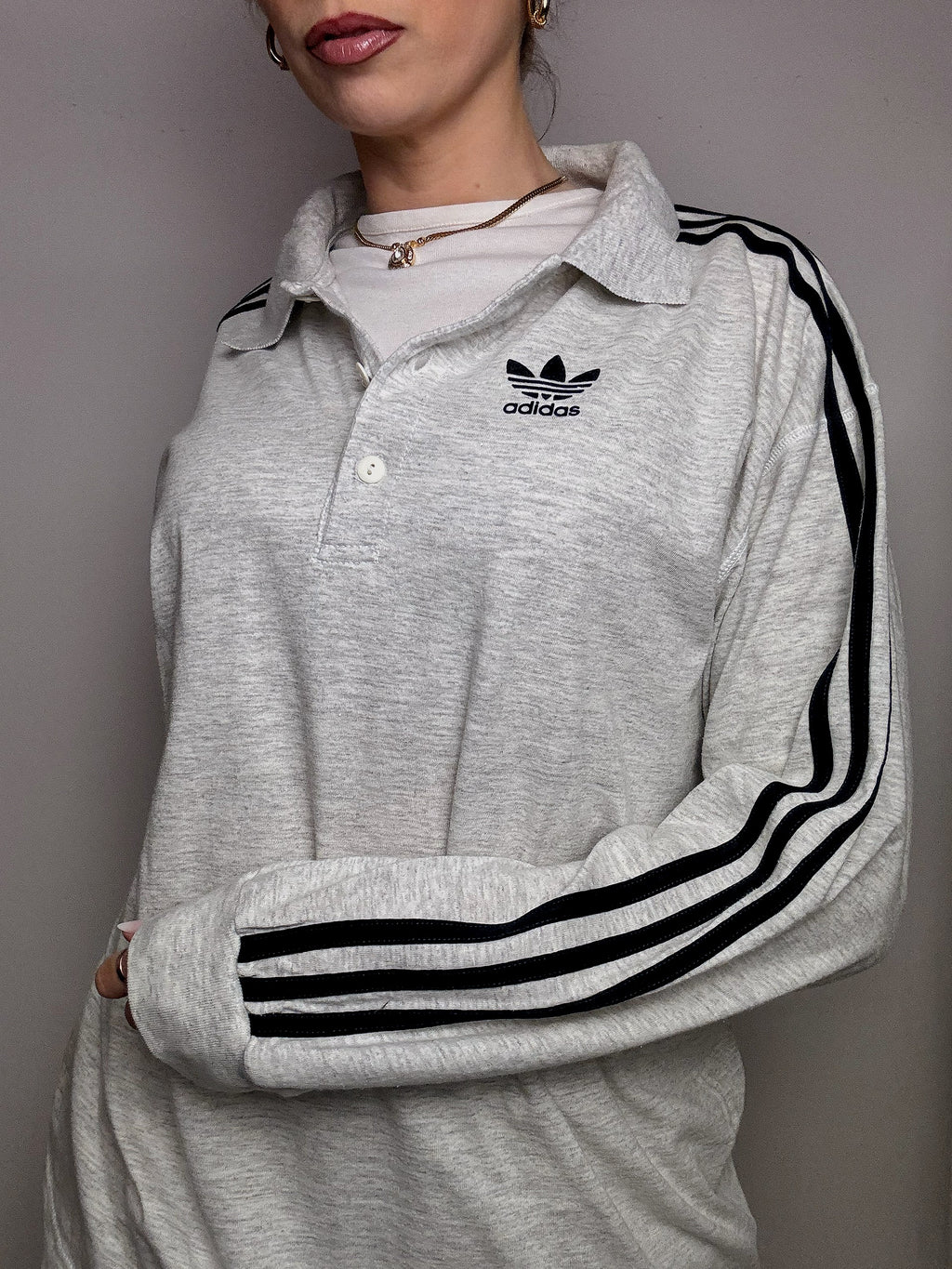 Polo manches longues gris chiné ADIDAS XL Vintage