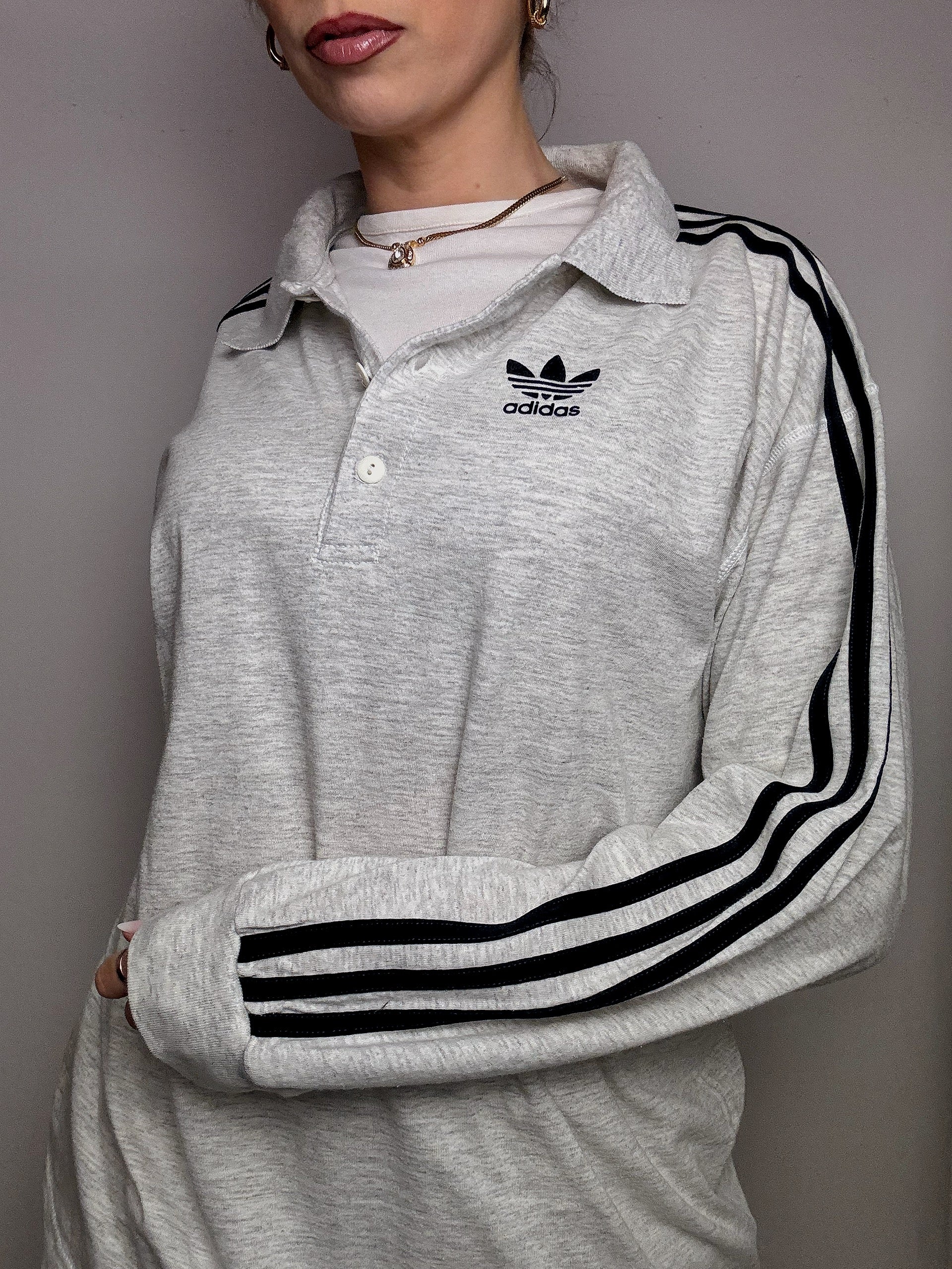Polo manches longues gris chiné ADIDAS XL Vintage