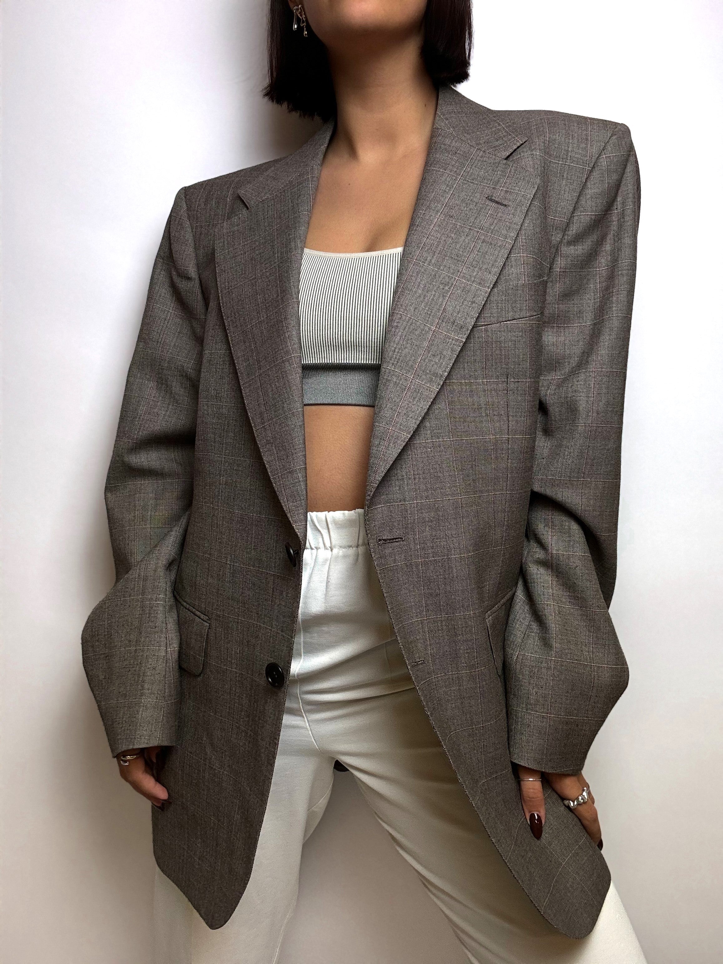 Blazer en laine vintage gris à carreaux M