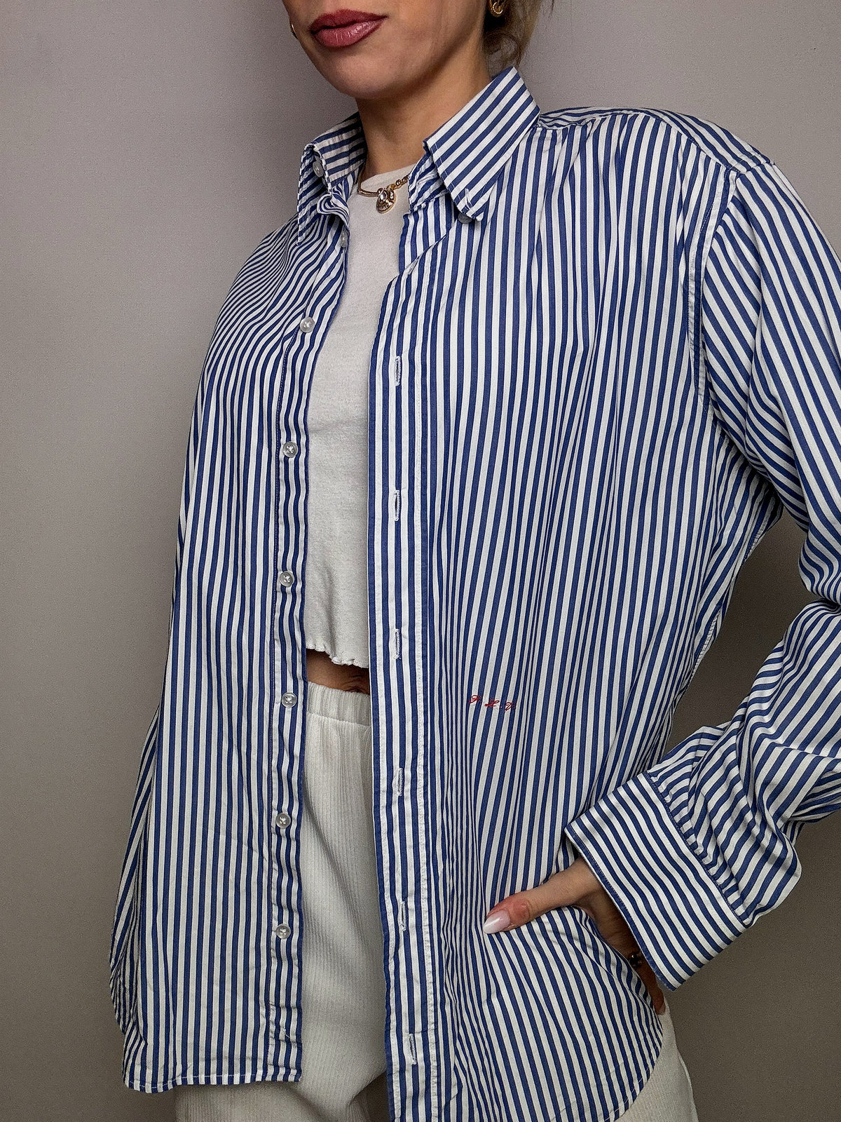 Vintage Marine und Weiß gestreiftes Hemd L/XL 