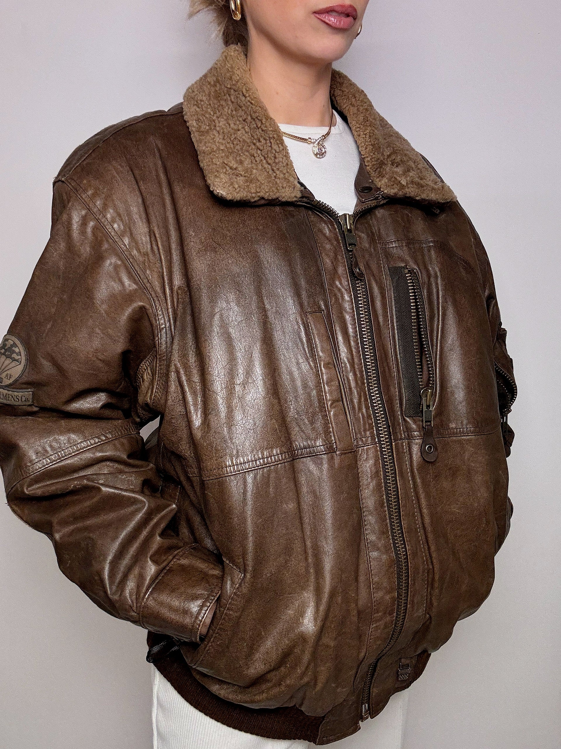 Vintage XL Brown Leather Aviator Jacket