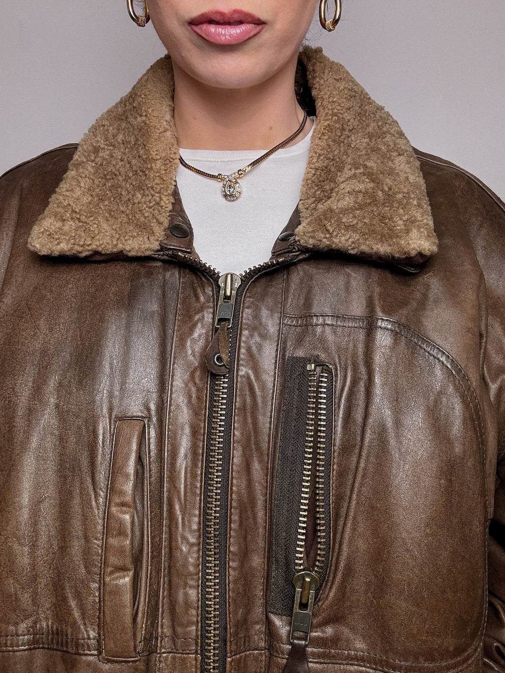 Vintage XL Brown Leather Aviator Jacket