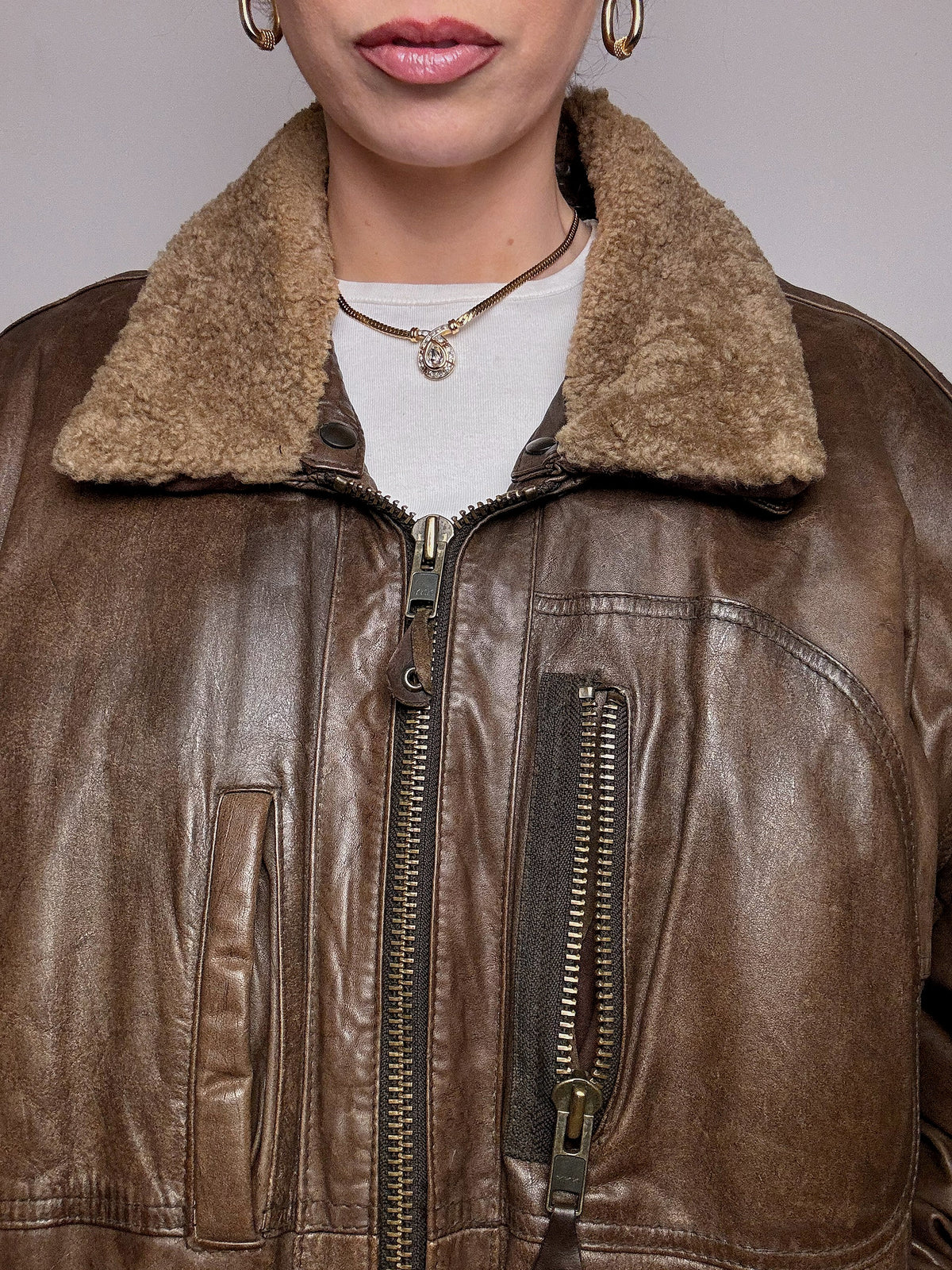 Vintage XL Brown Leather Aviator Jacket