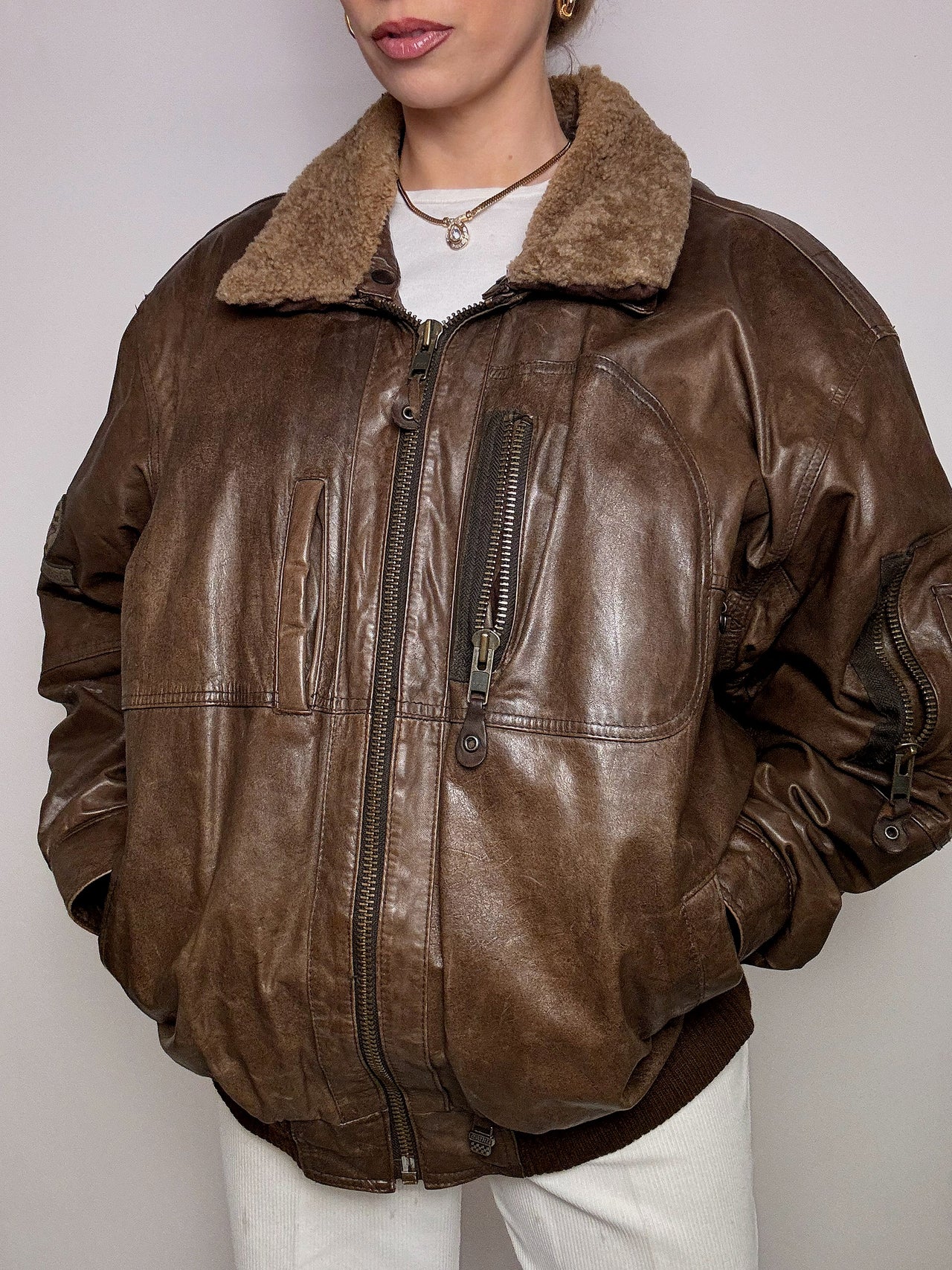 Vintage XL Brown Leather Aviator Jacket