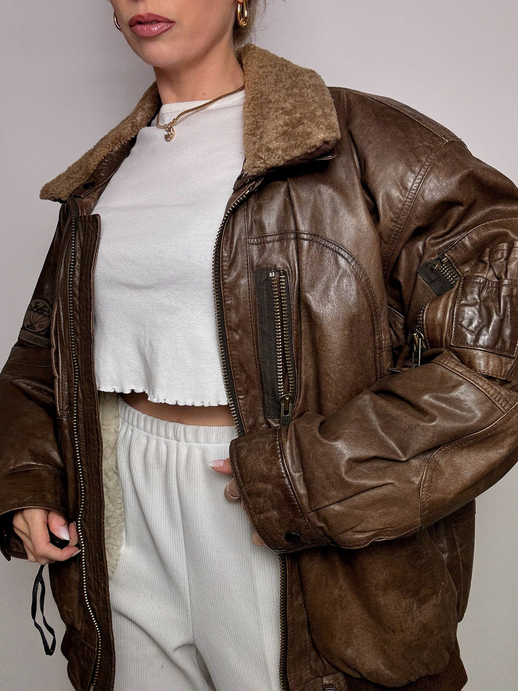 Vintage XL Brown Leather Aviator Jacket