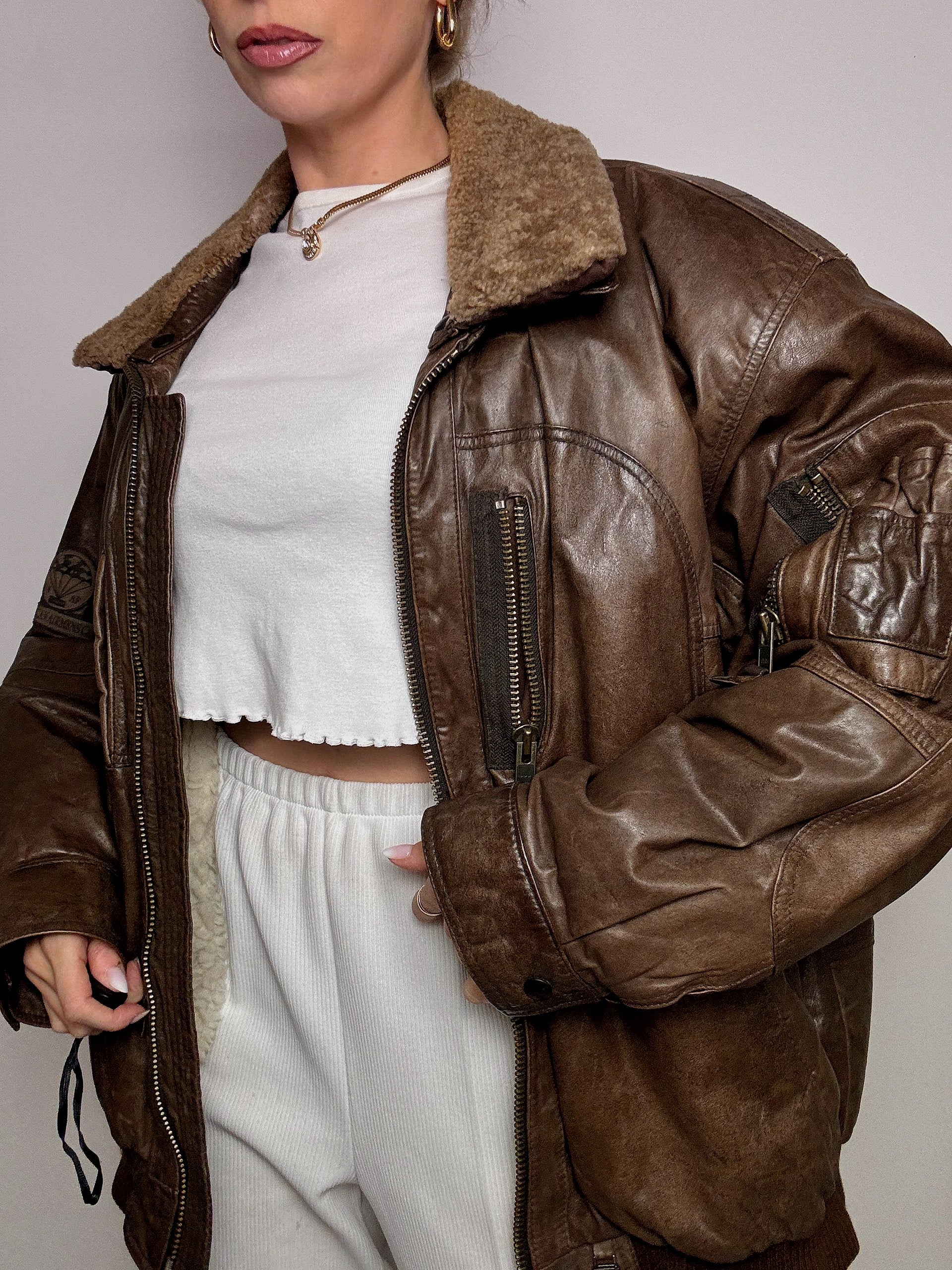 Vintage XL Brown Leather Aviator Jacket