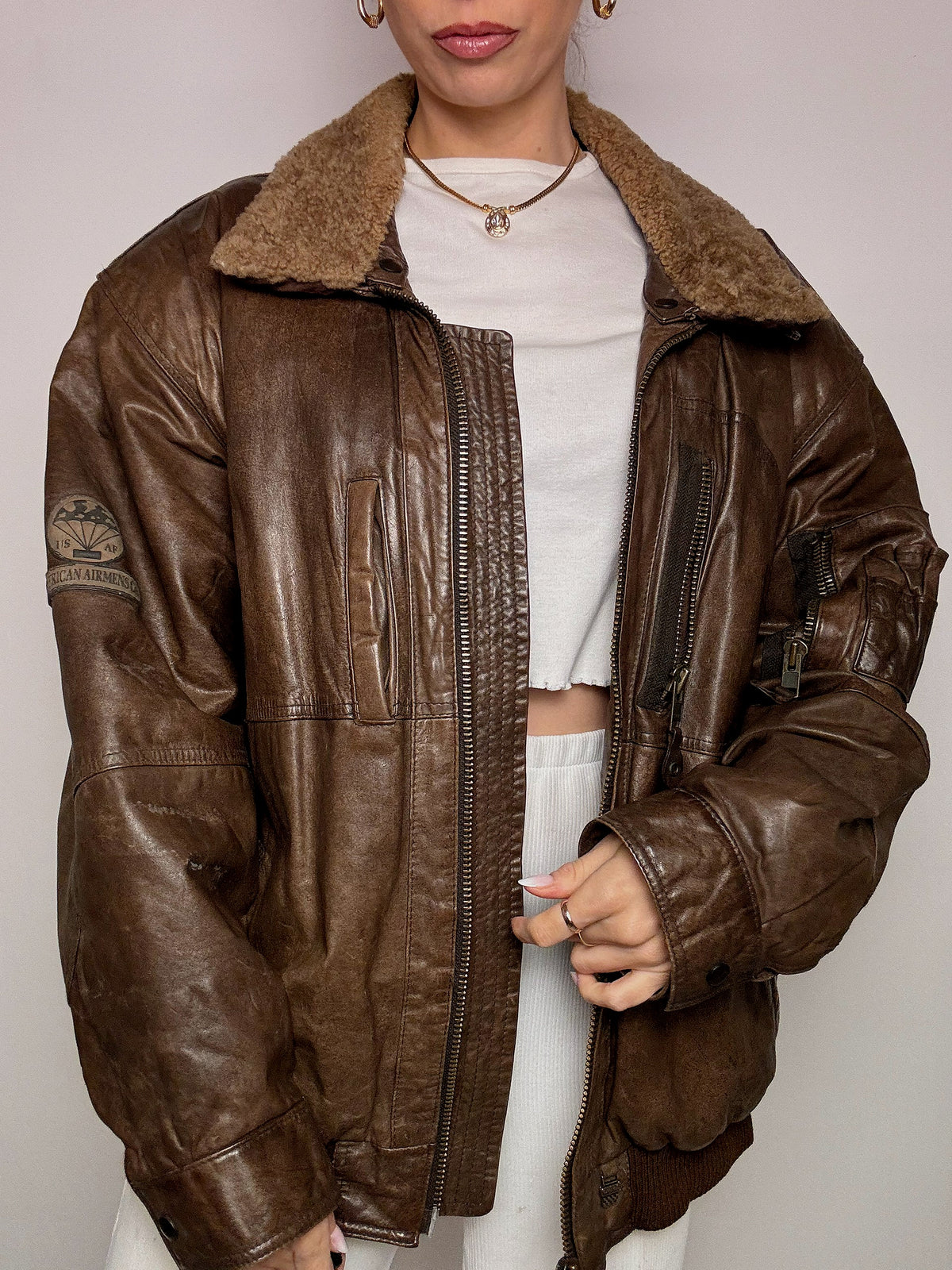 Vintage XL Brown Leather Aviator Jacket
