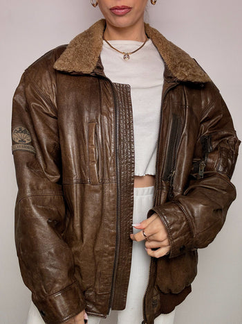 Blouson aviator en cuir brun XL vintage