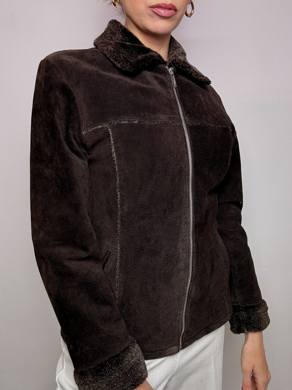 Vintage L taillierte braune Kunstpelzjacke