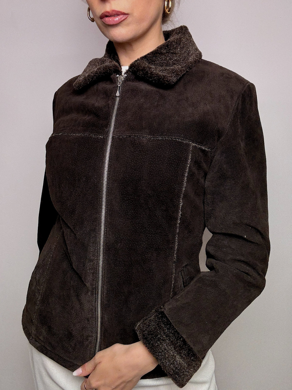Vintage L taillierte braune Kunstpelzjacke