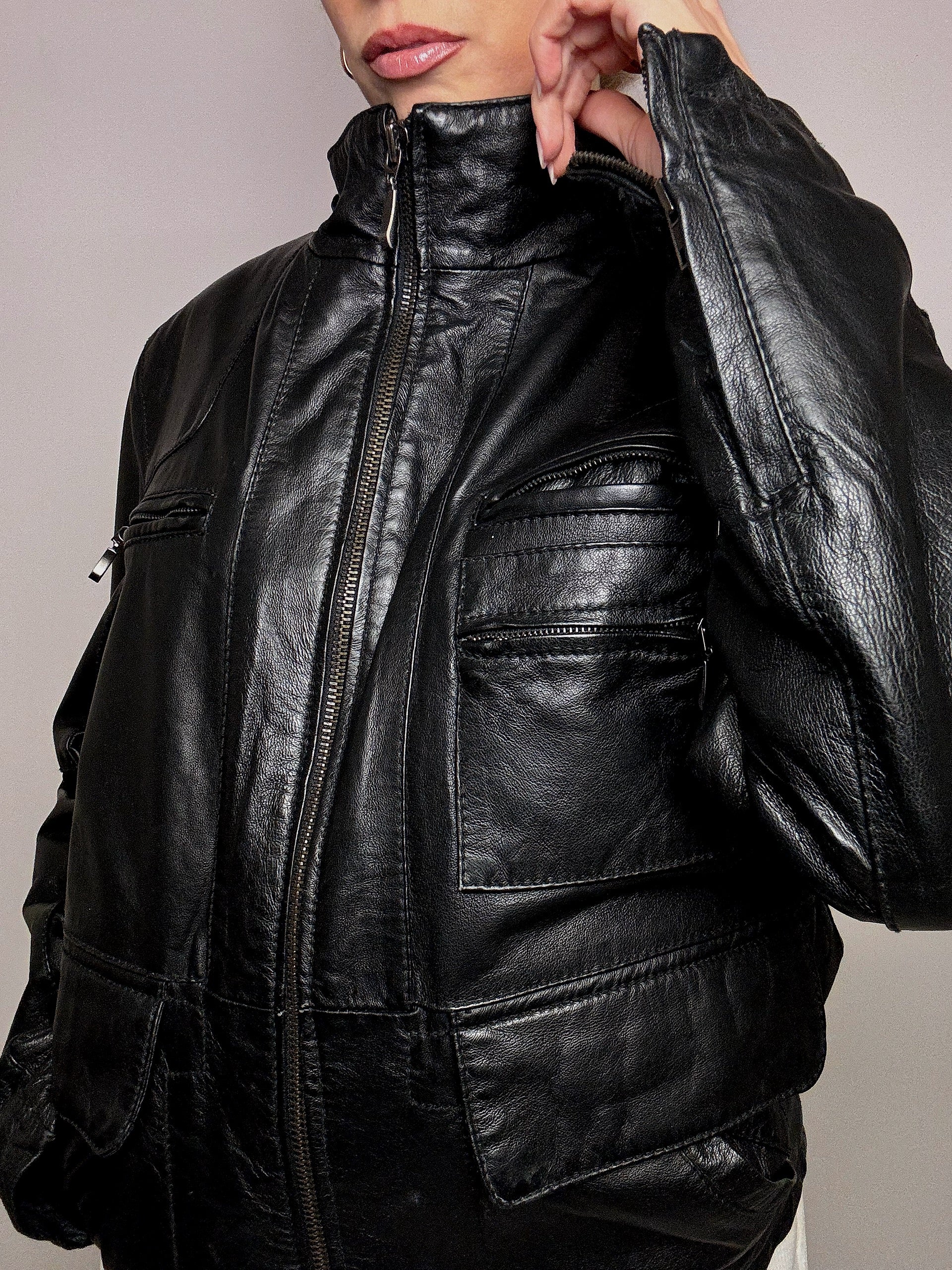 Vintage schwarze gerade Lederjacke L