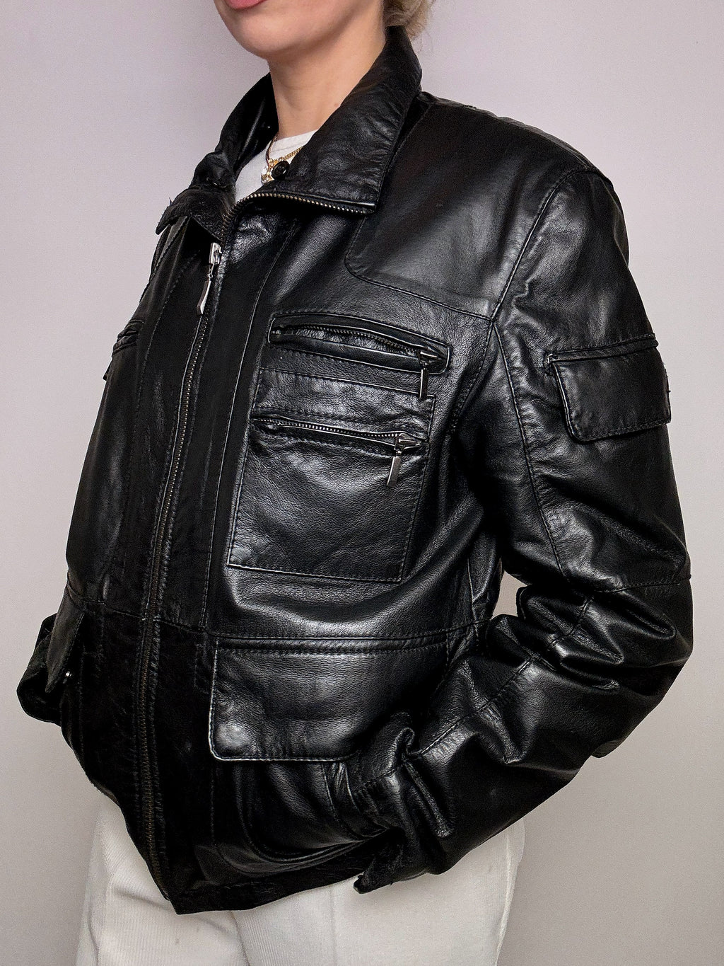 Vintage schwarze gerade Lederjacke L