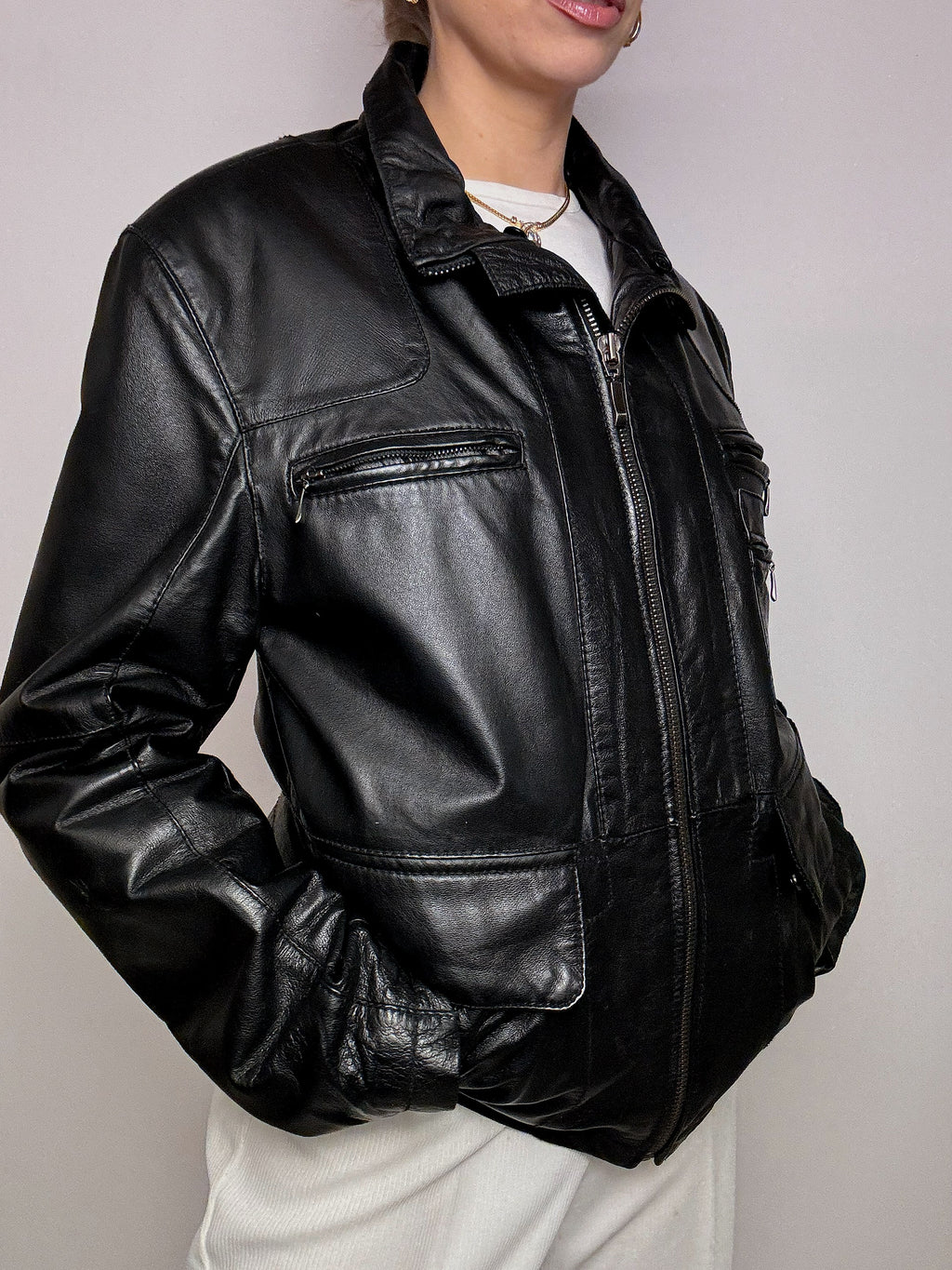 Vintage schwarze gerade Lederjacke L