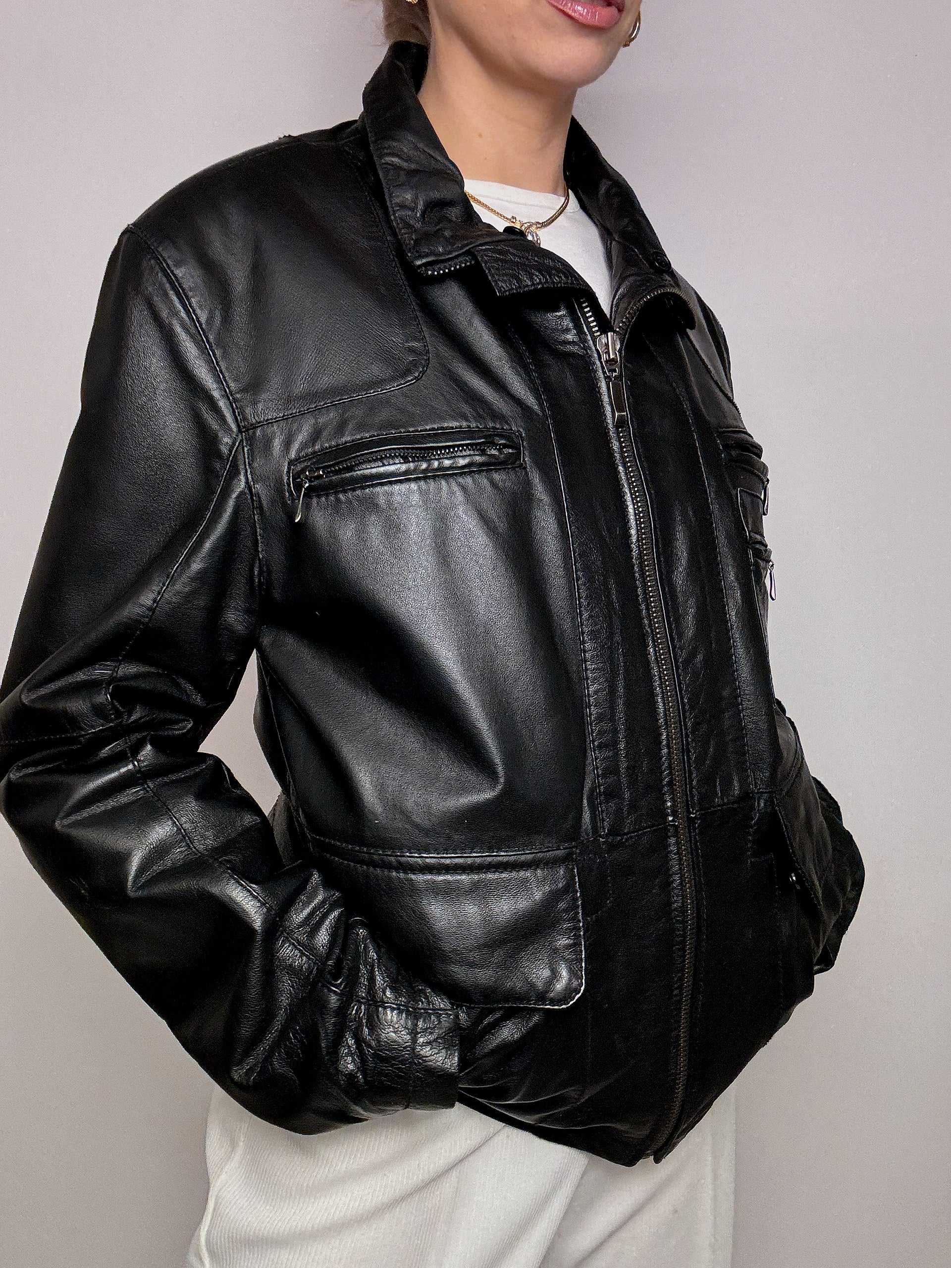 Vintage schwarze gerade Lederjacke L