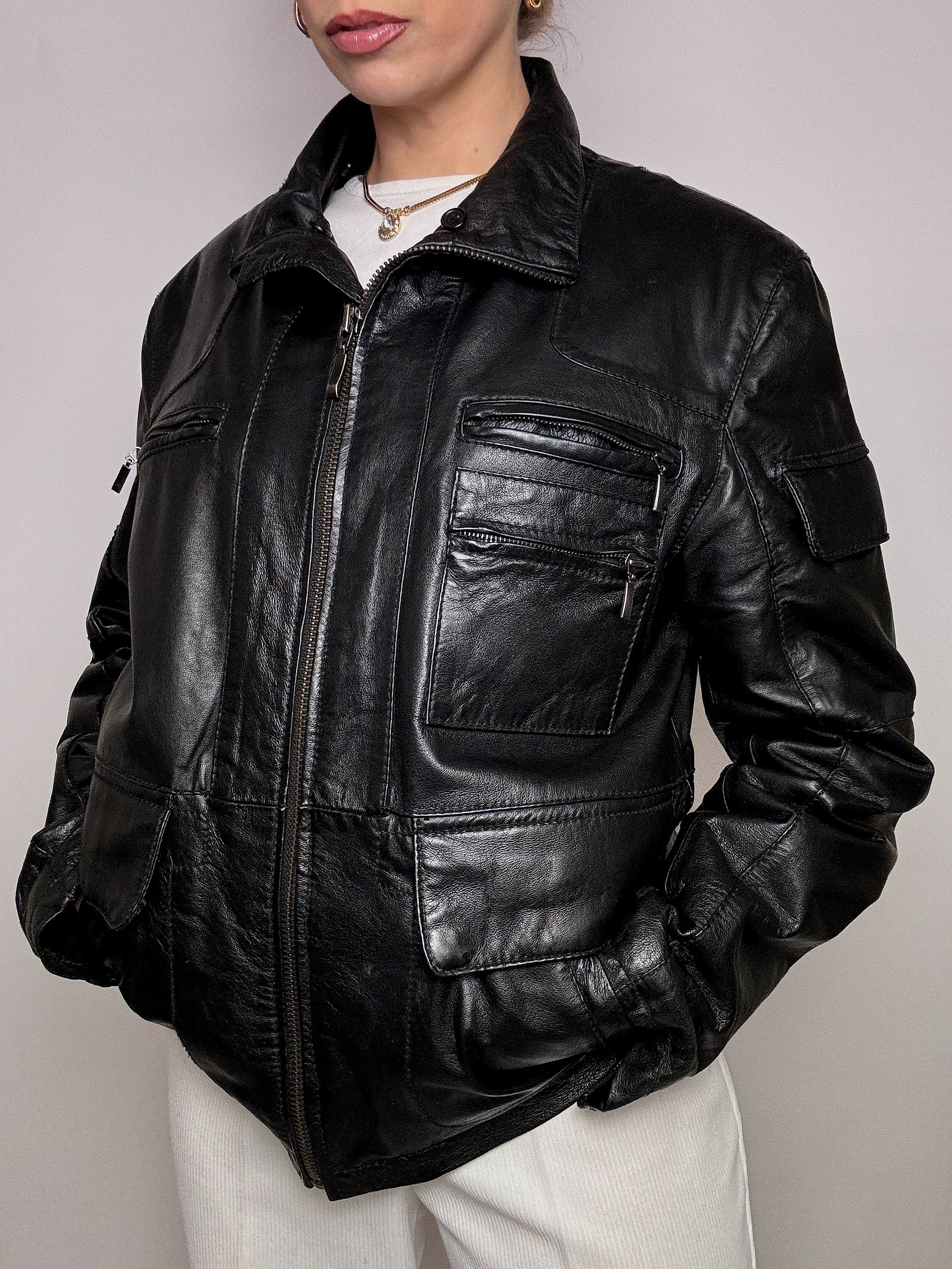 Vintage schwarze gerade Lederjacke L