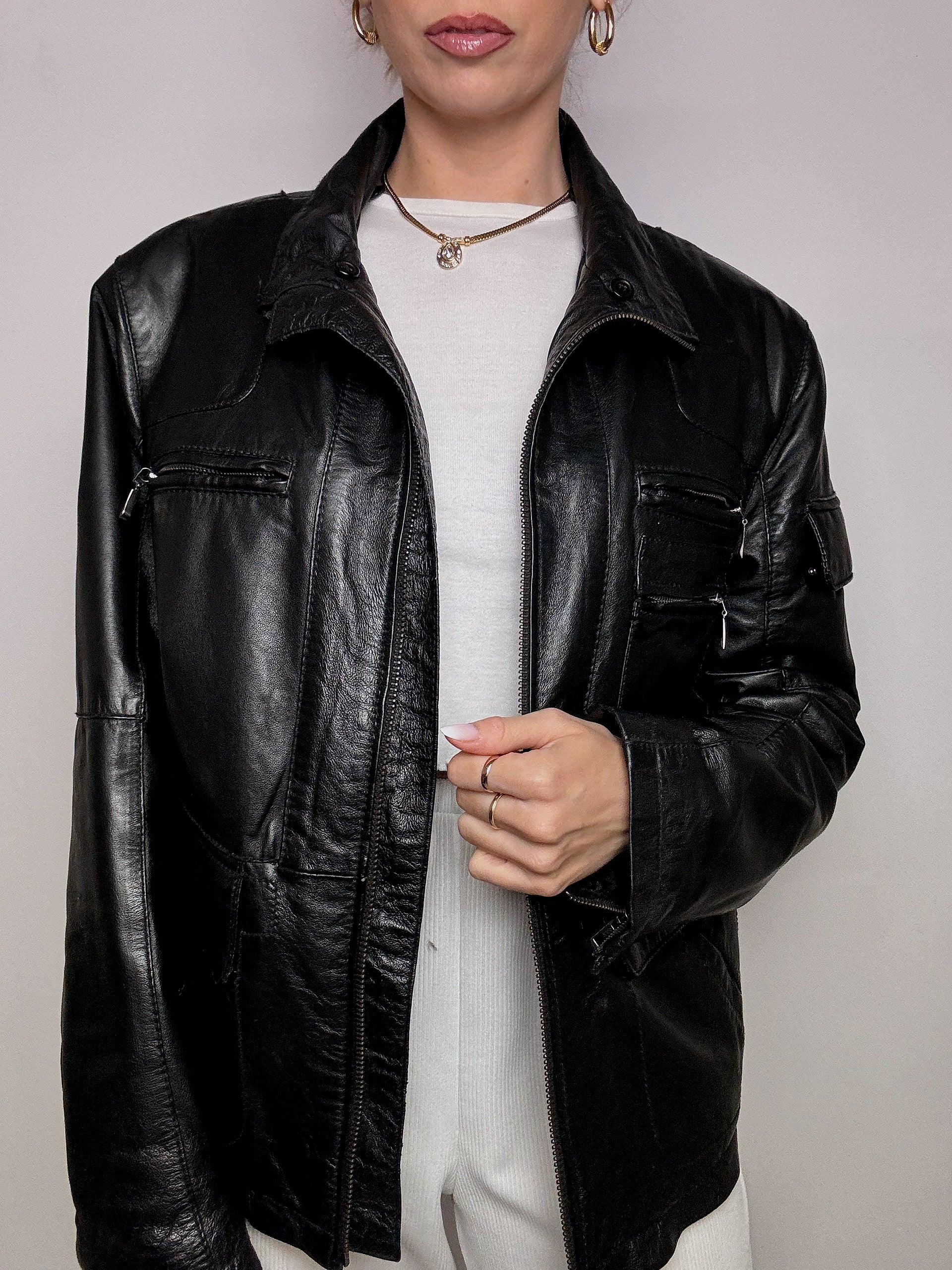 Vintage schwarze gerade Lederjacke L