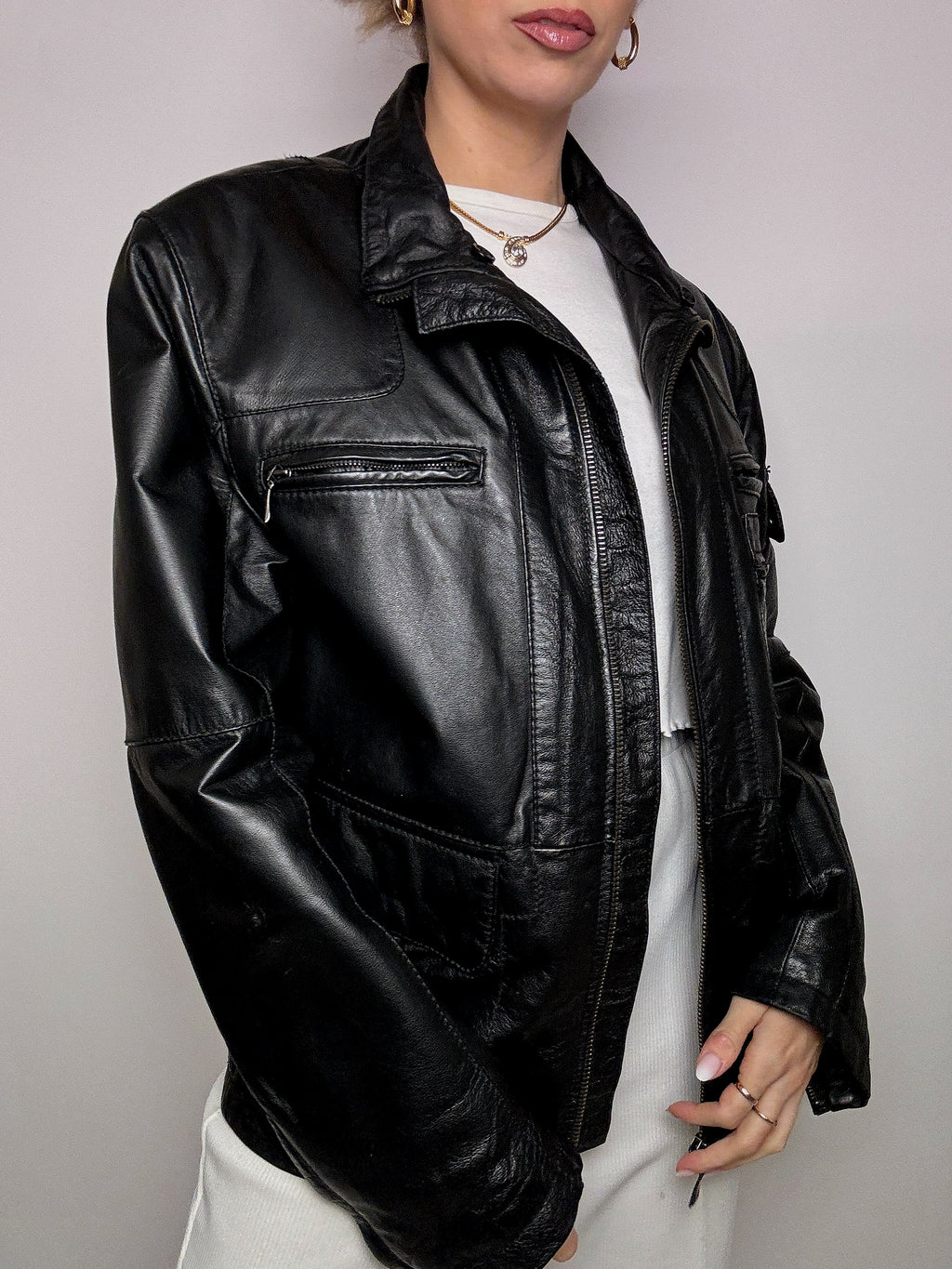 Vintage schwarze gerade Lederjacke L