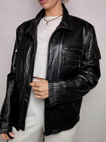 Veste en cuir noire droite L vintage