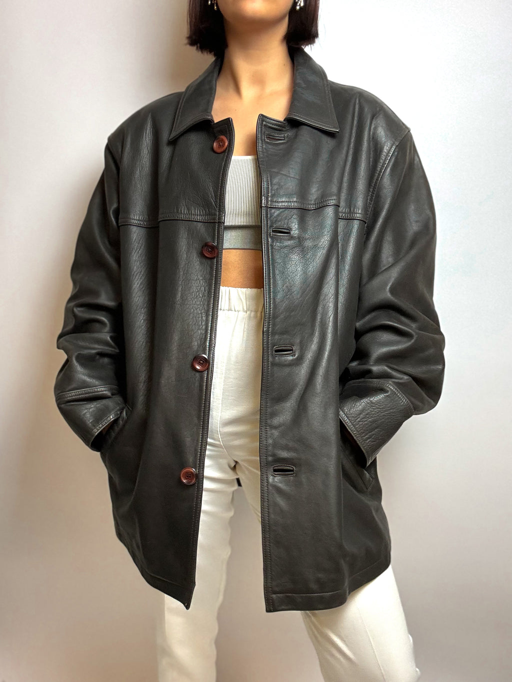 Manteau en cuir noir vintage M