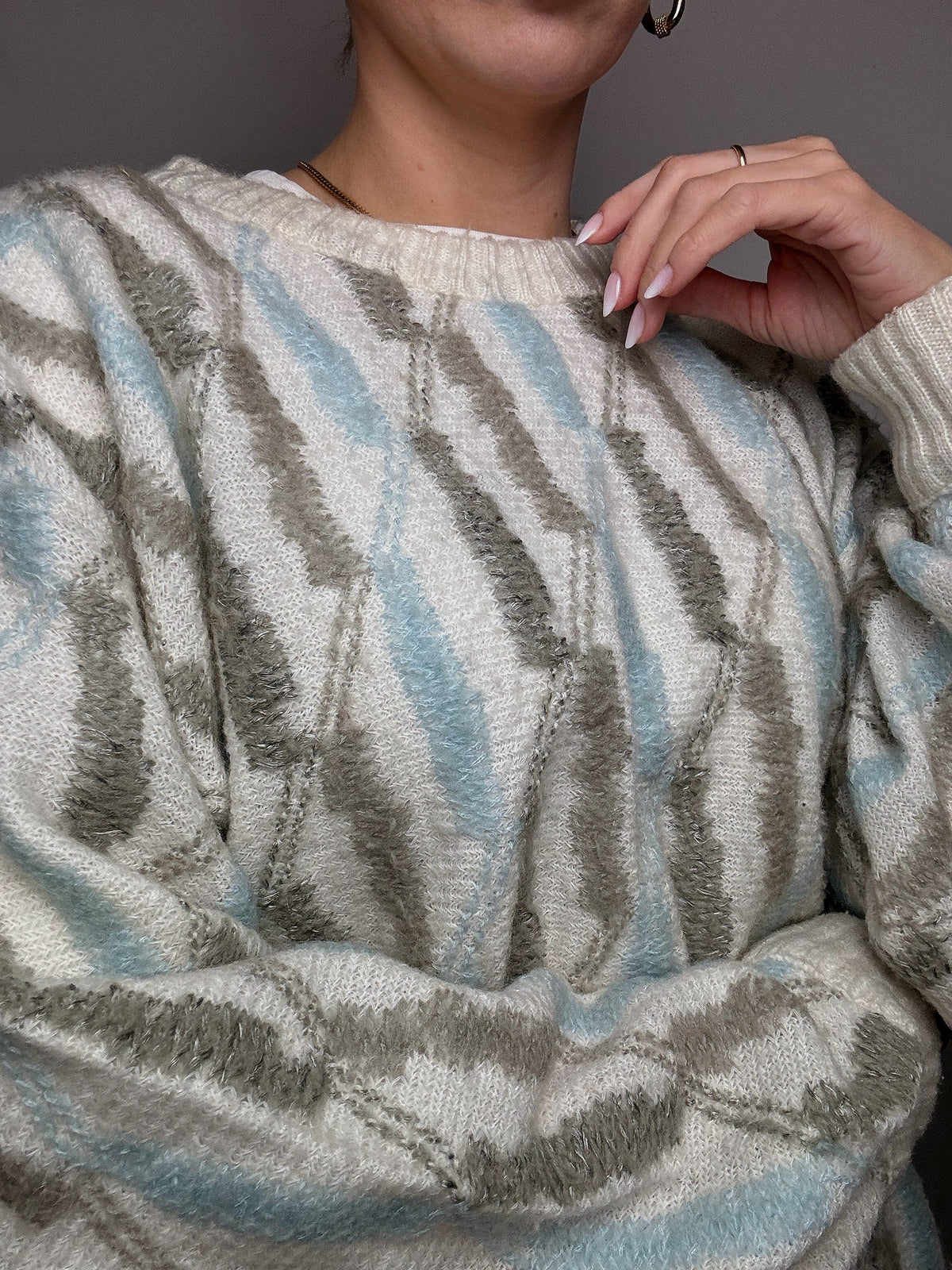Vintage Patterned Knit Crew Neck Sweater M/L