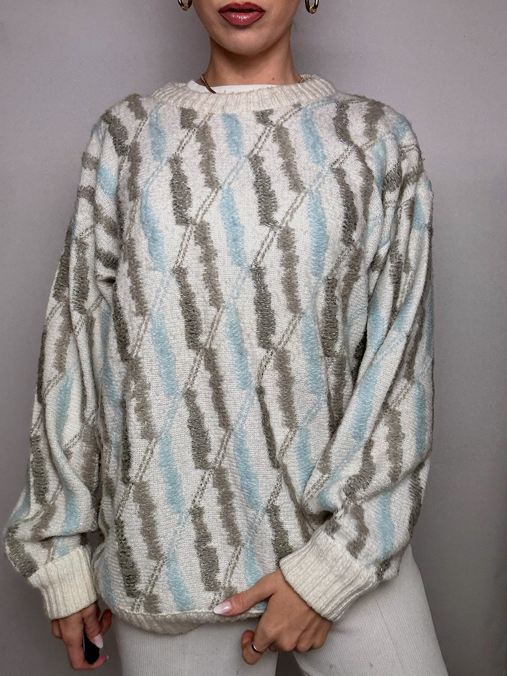 Vintage Patterned Knit Crew Neck Sweater M/L
