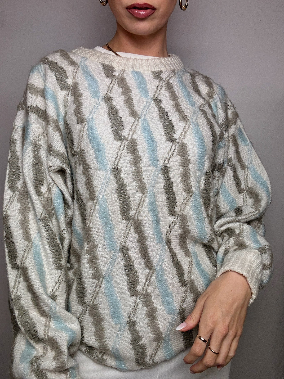 Vintage Patterned Knit Crew Neck Sweater M/L