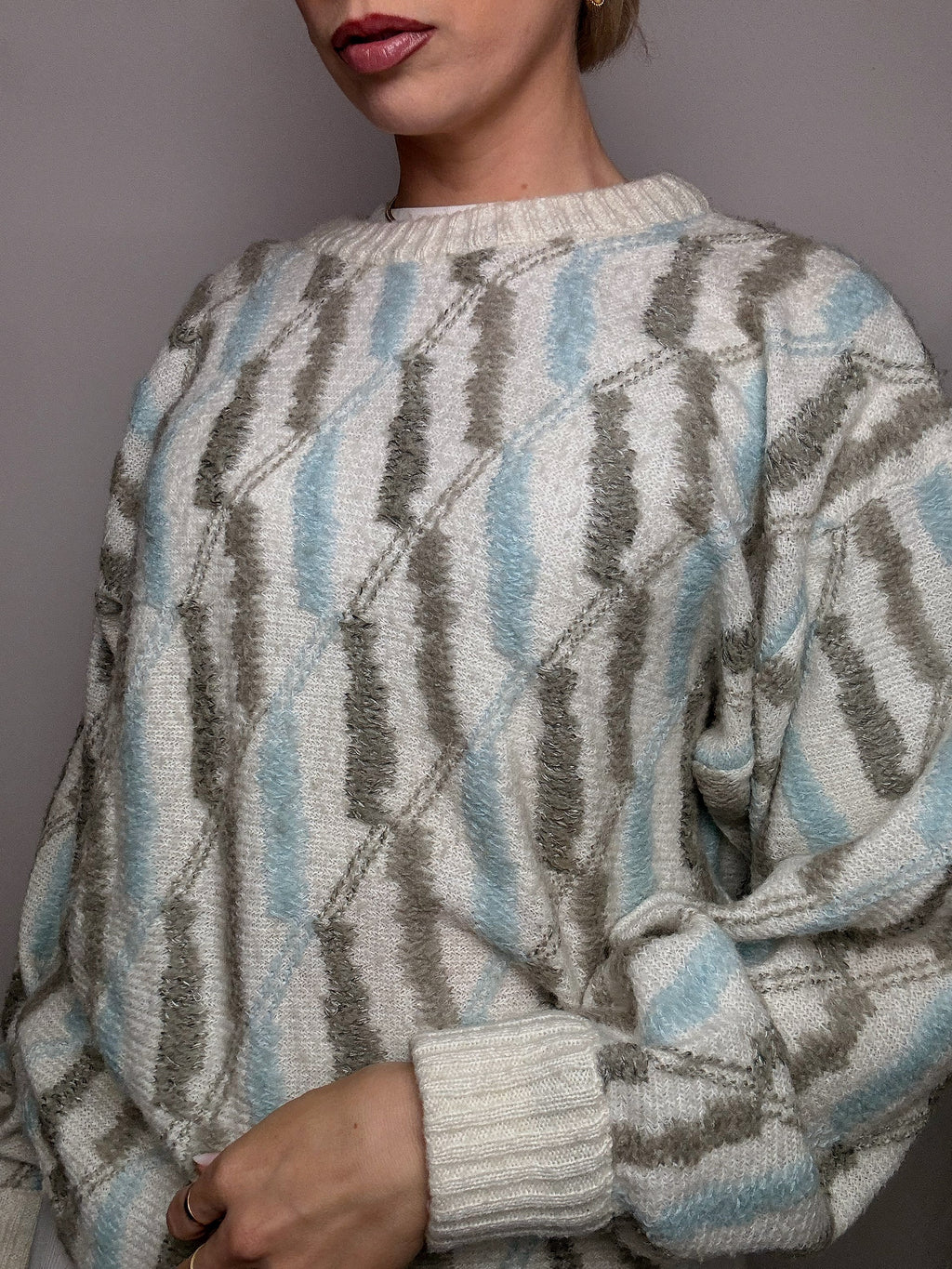 Vintage Patterned Knit Crew Neck Sweater M/L