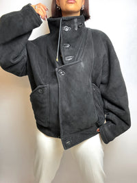Black leather bomber with vintage sheepskin collar M 