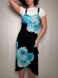 Robe noire avec fleurs bleues M vintage