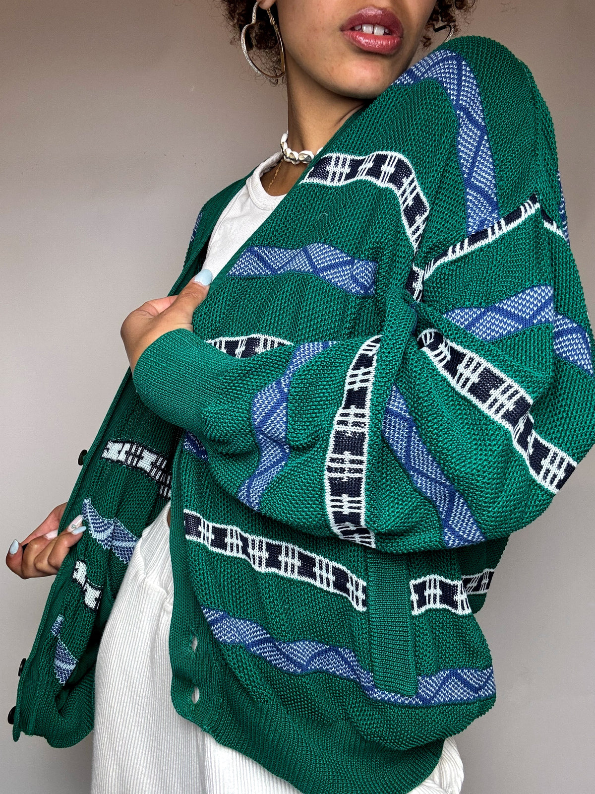 Vintage grüne Strickjacke, Größe L/XL