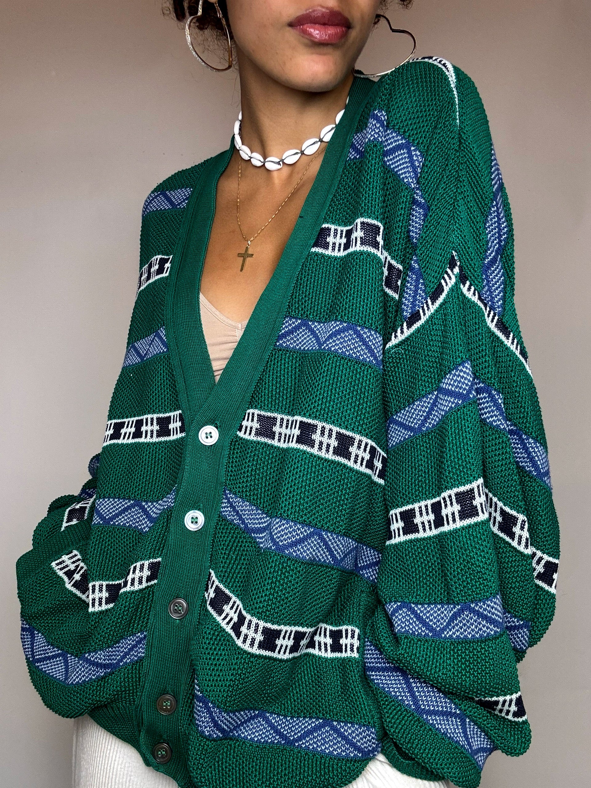 Vintage grüne Strickjacke, Größe L/XL
