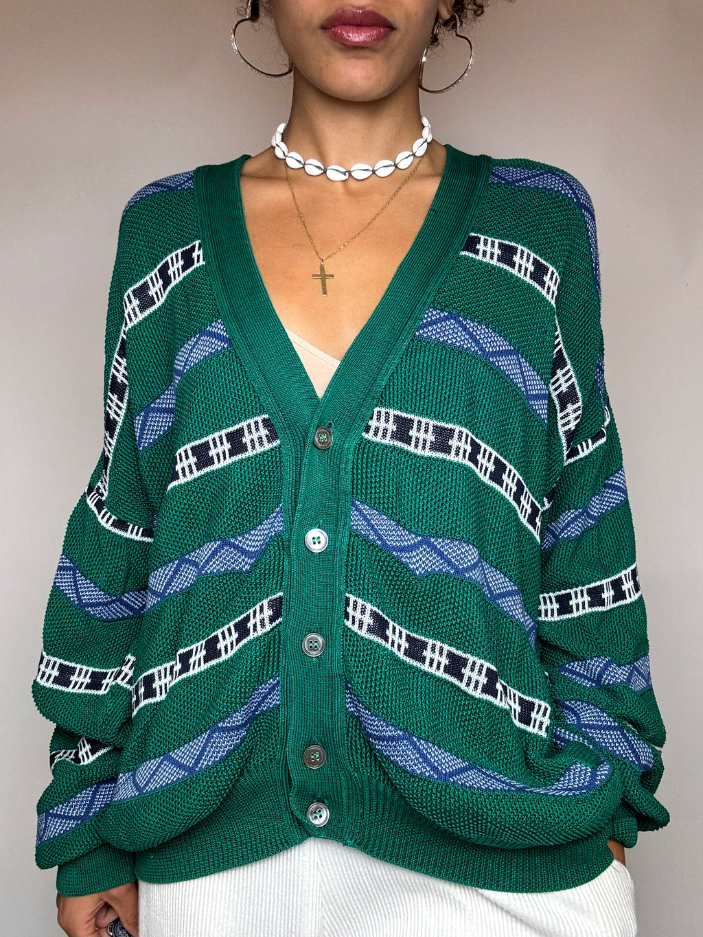Vintage grüne Strickjacke, Größe L/XL