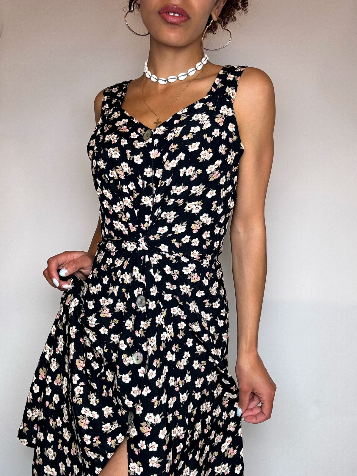 Black and white floral dress S/M vintage