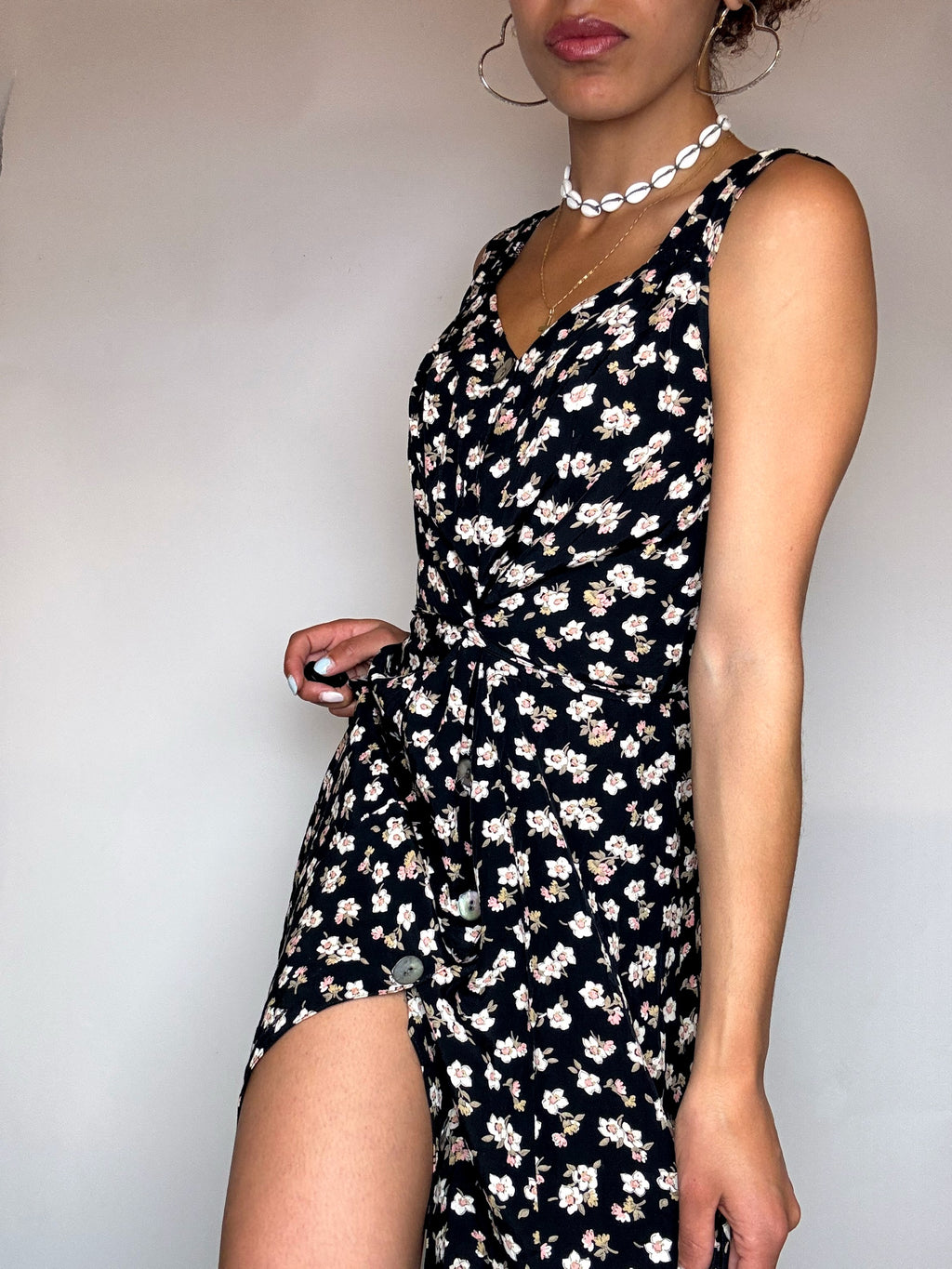 Black and white floral dress S/M vintage