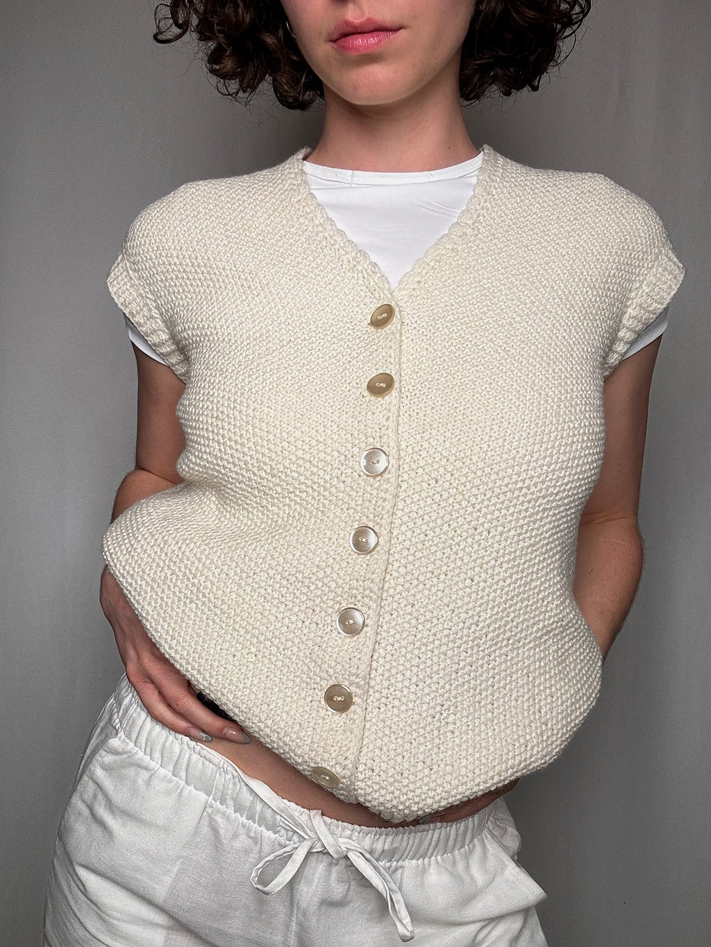 Gilet tricoté main crème S vintage