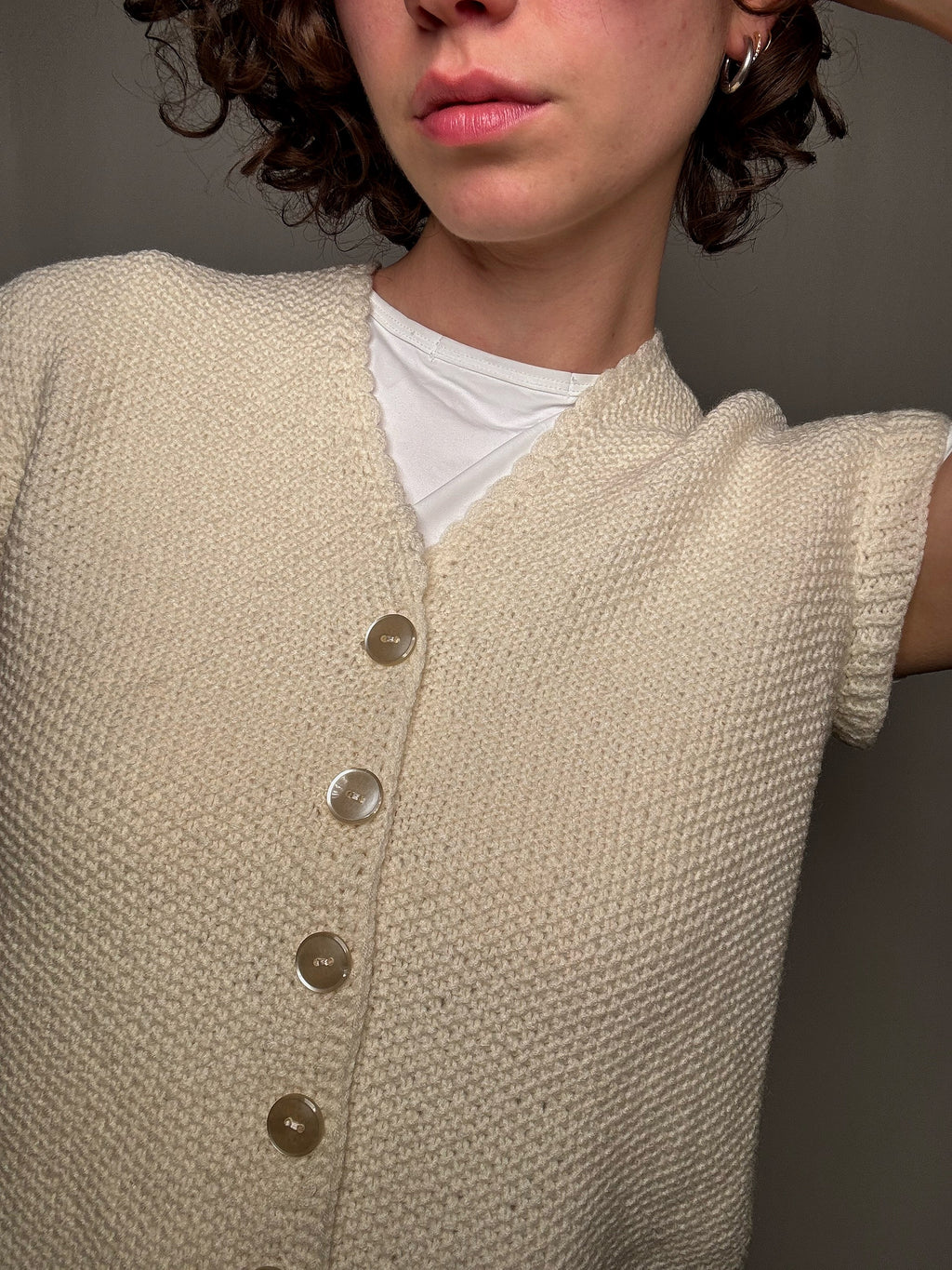 Gilet tricoté main crème S vintage