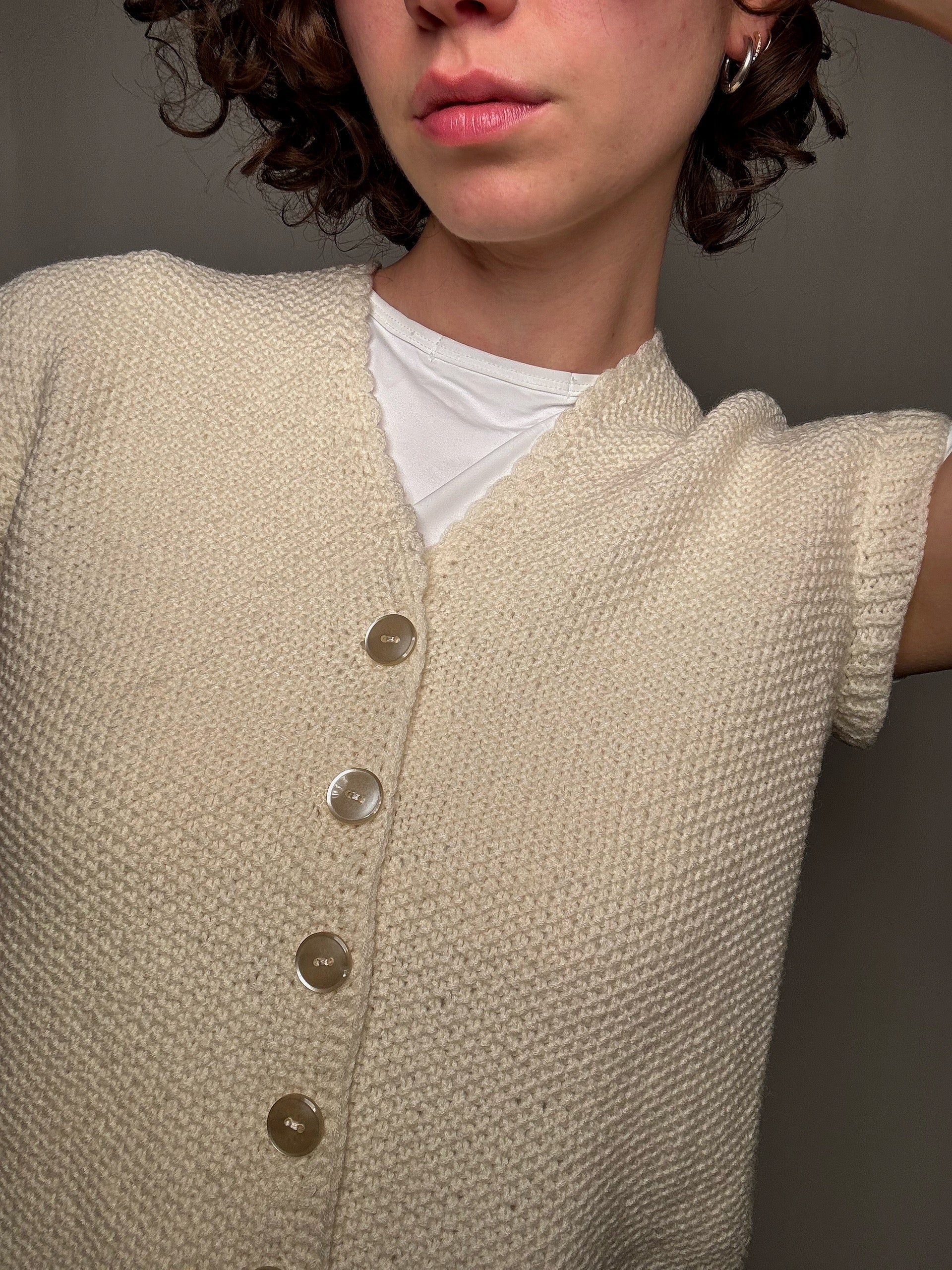 Gilet tricoté main crème S vintage