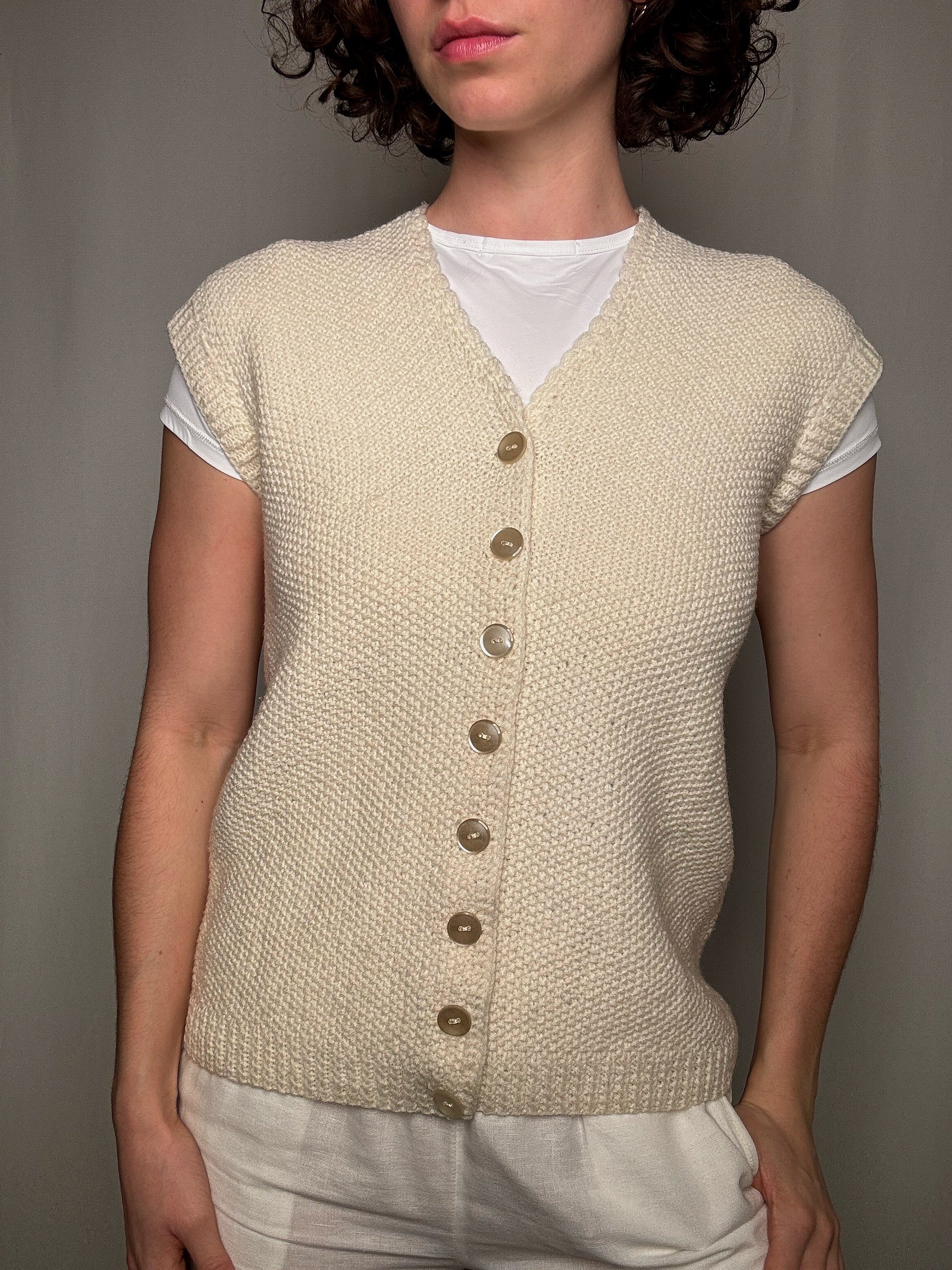 Gilet tricoté main crème S vintage